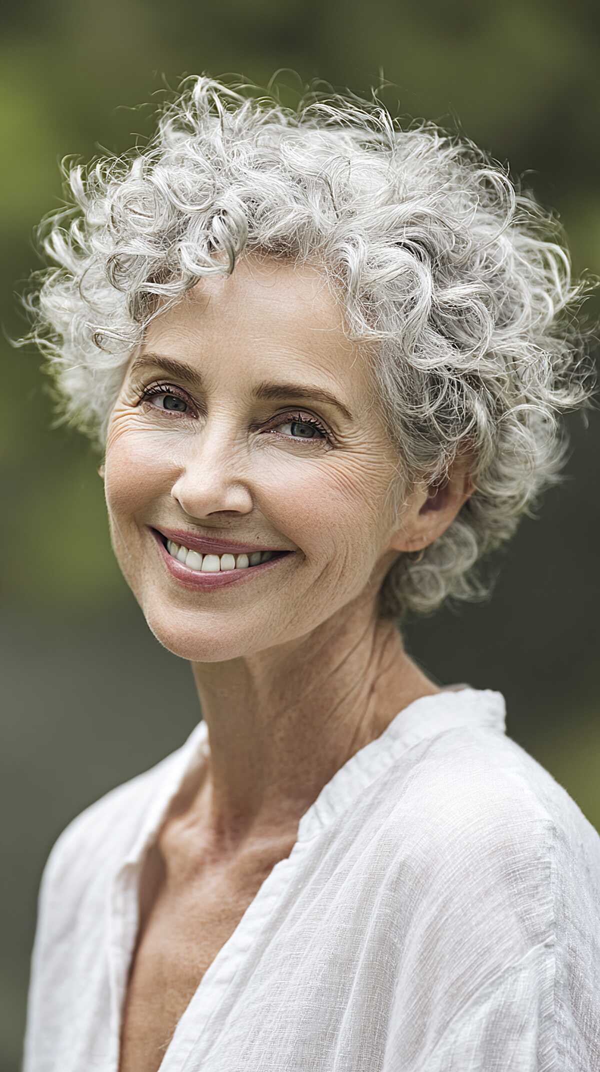 White curly pixie with crown volume on older woman