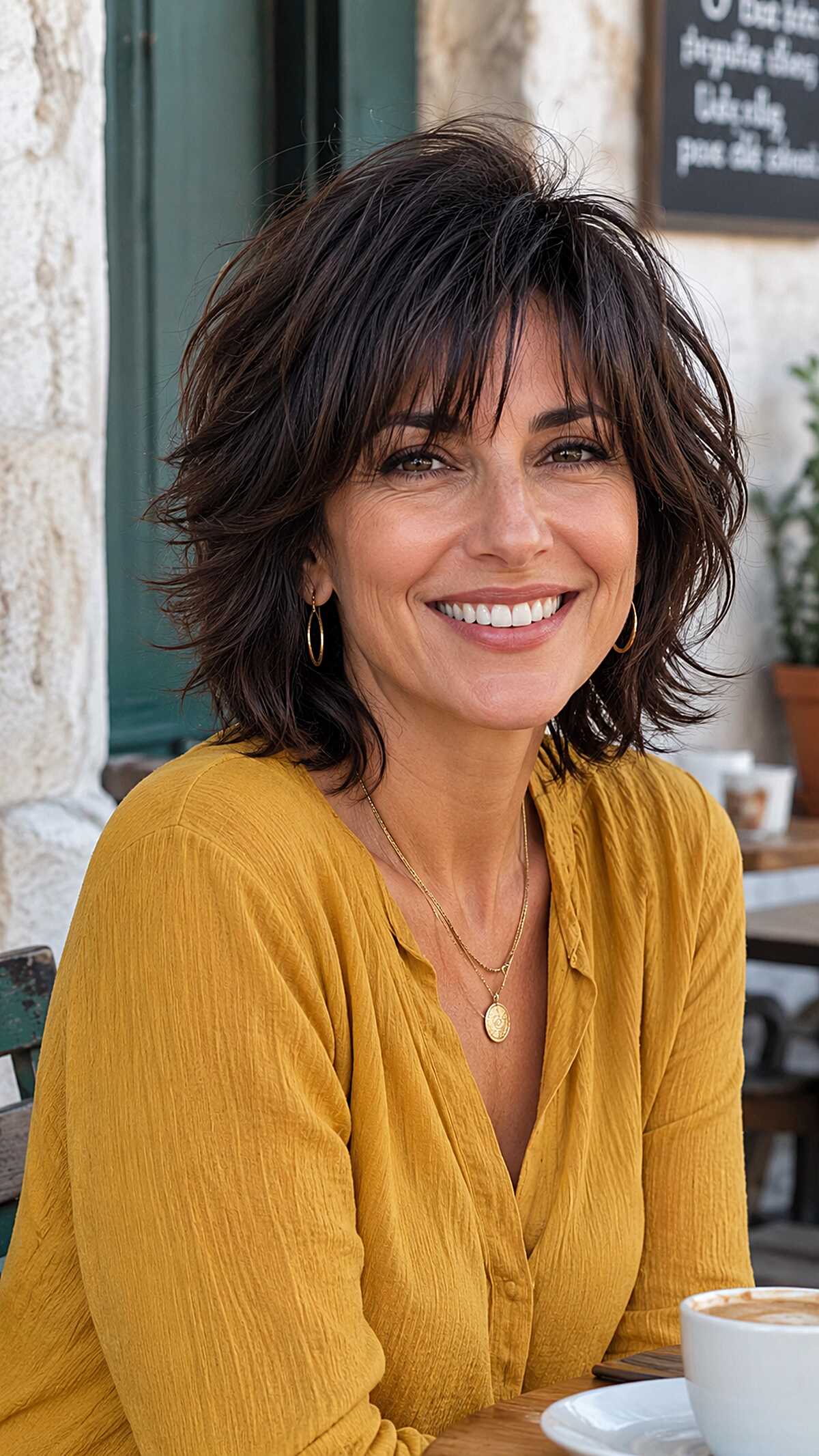 Dark brunette shag with feathered fringe at a cafe
