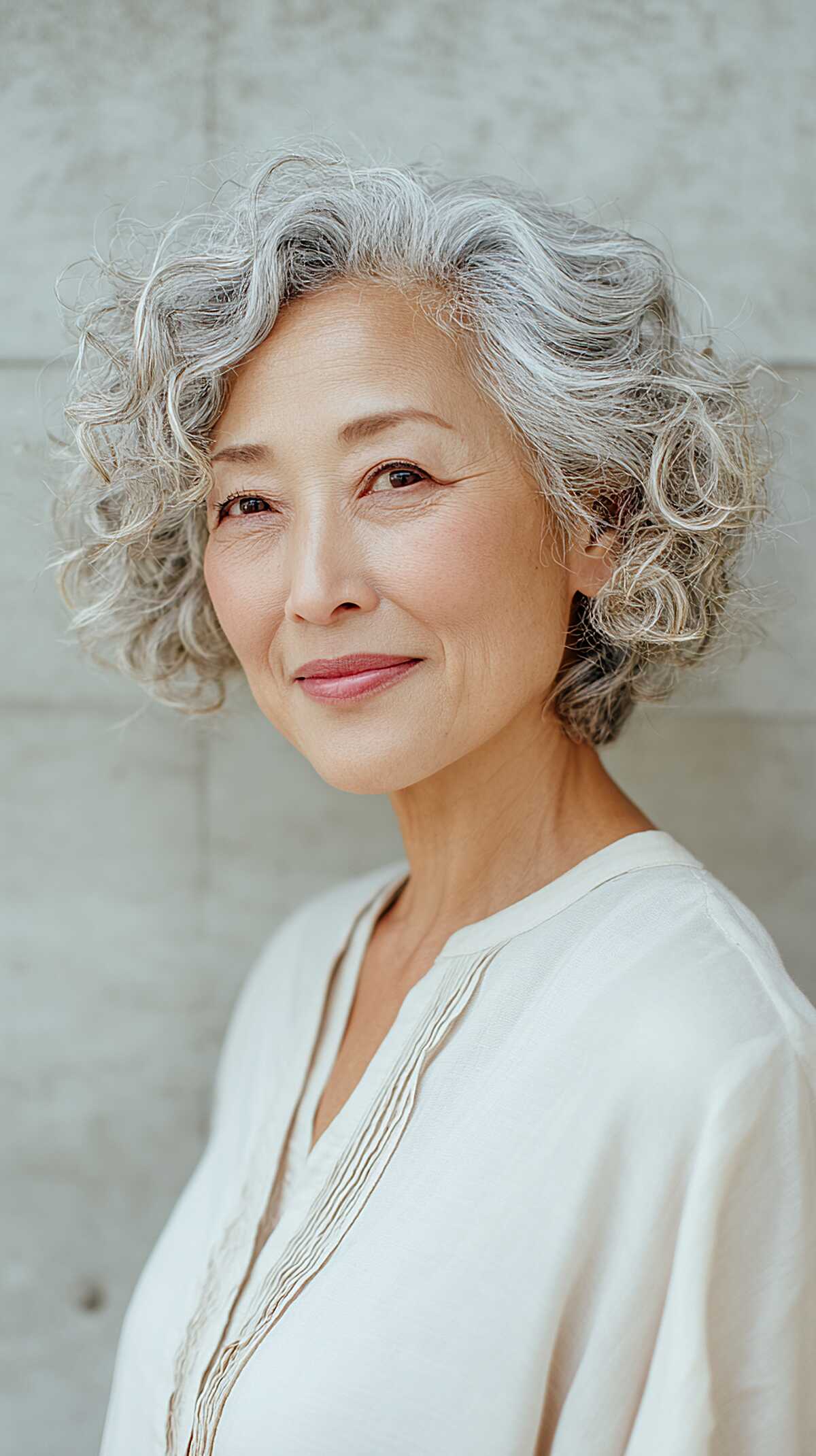 Minimal soft gray wavy bob with relaxed curls