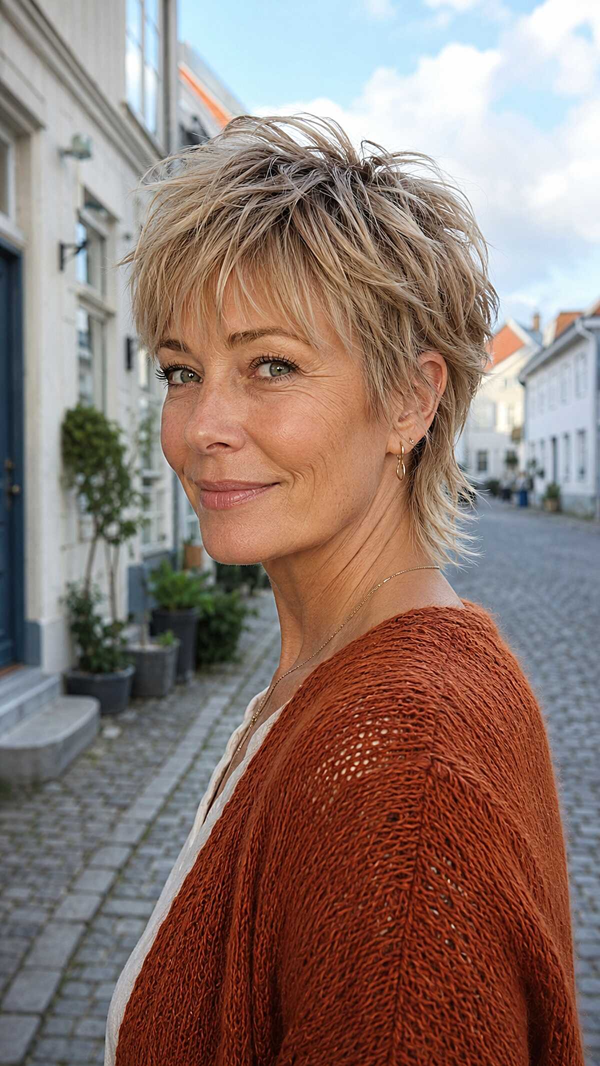 Piecey short blonde shag with dark roots and choppy texture