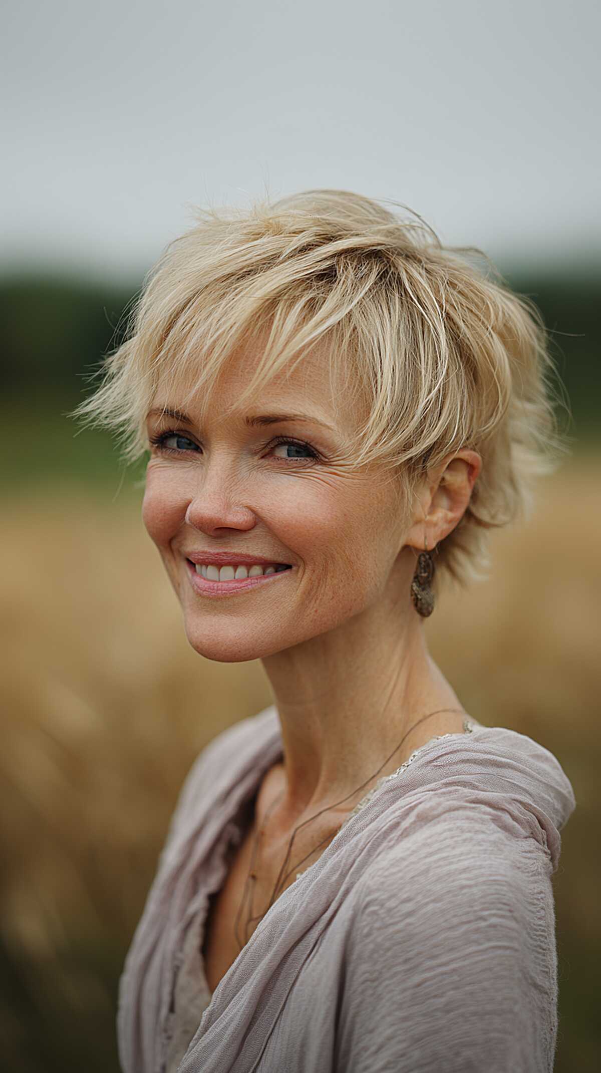 Short platinum blonde shag with pieced layers