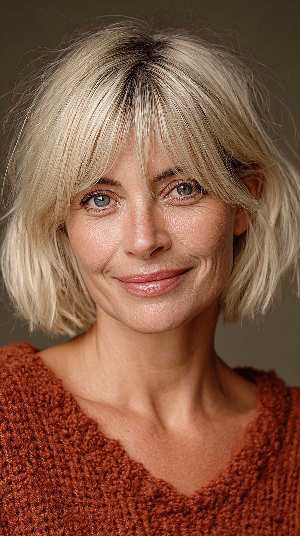 Platinum blonde shag bob with full curtain bangs