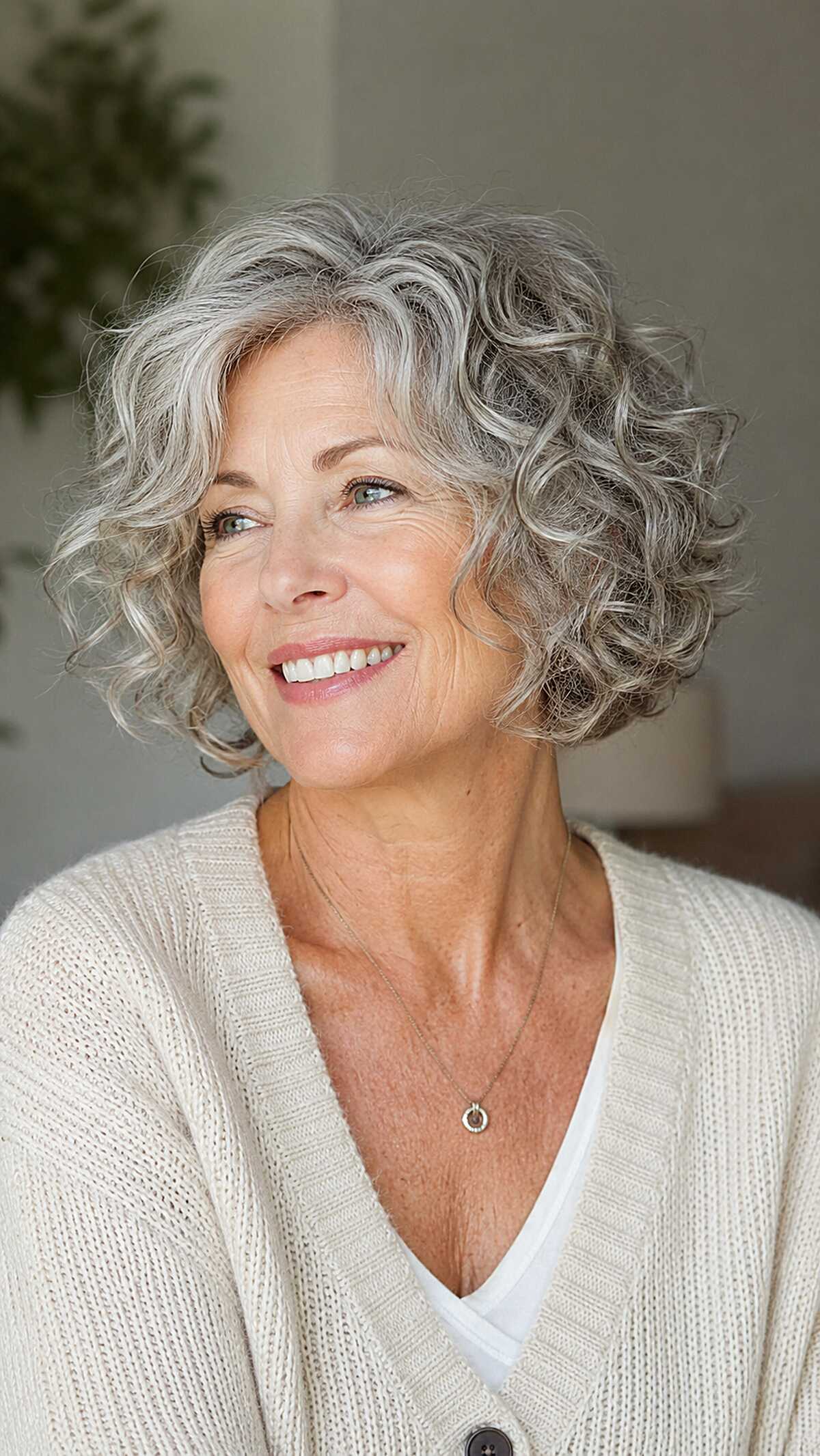 Polished short curly gray bob with silver dimension