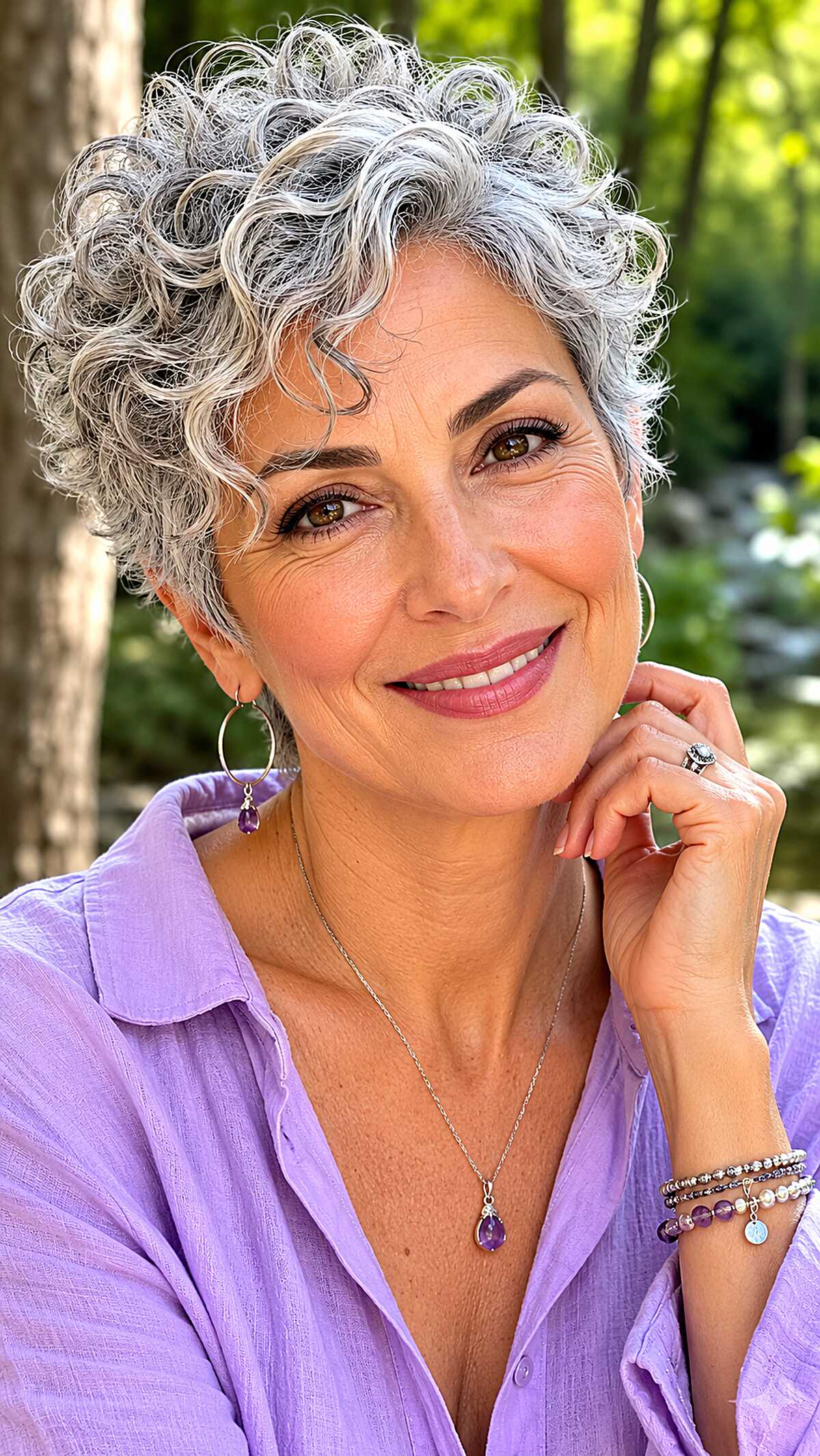 Polished short curly gray style with springy shiny curls
