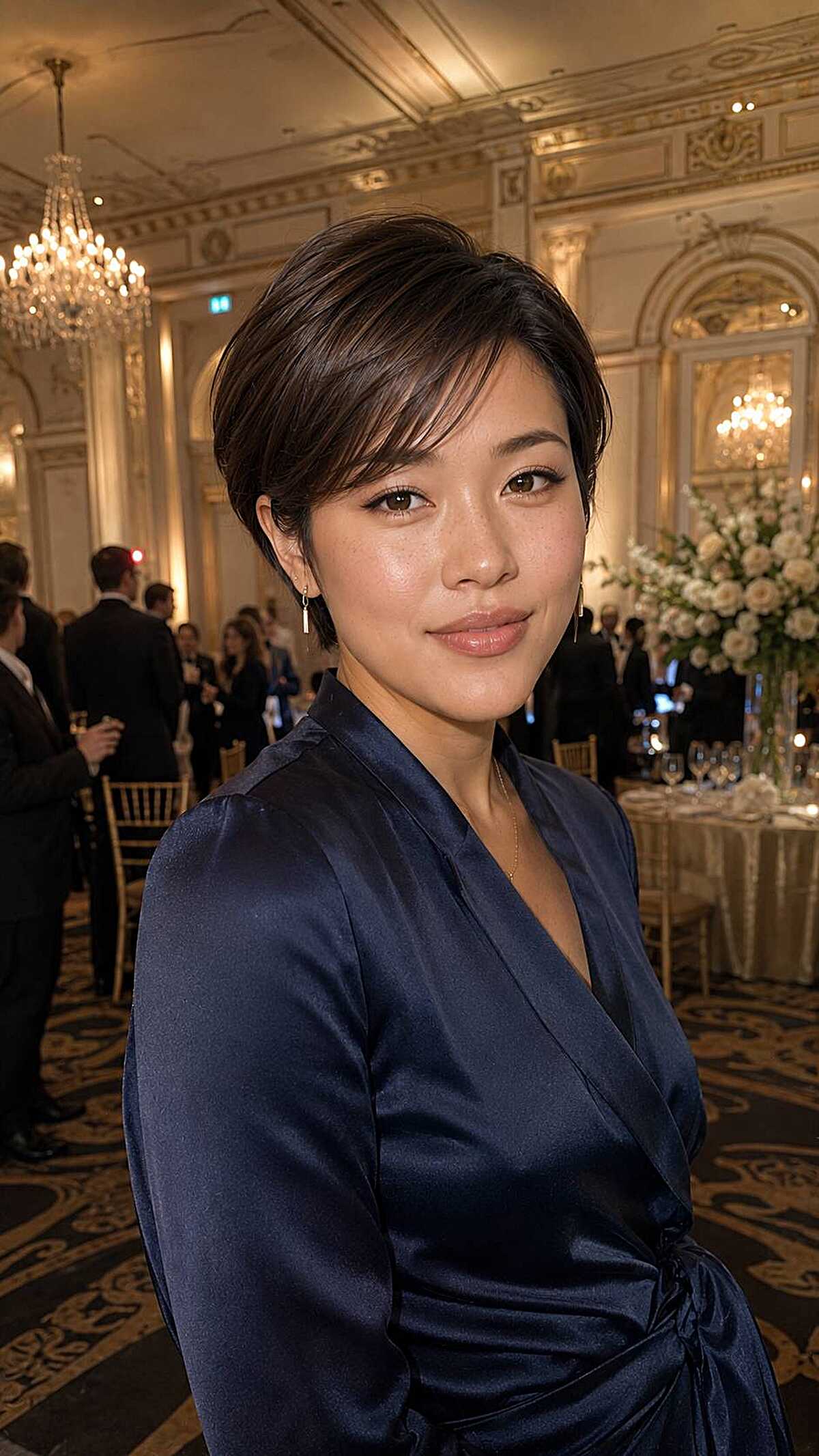Sleek dark brunette pixie with side-swept bangs
