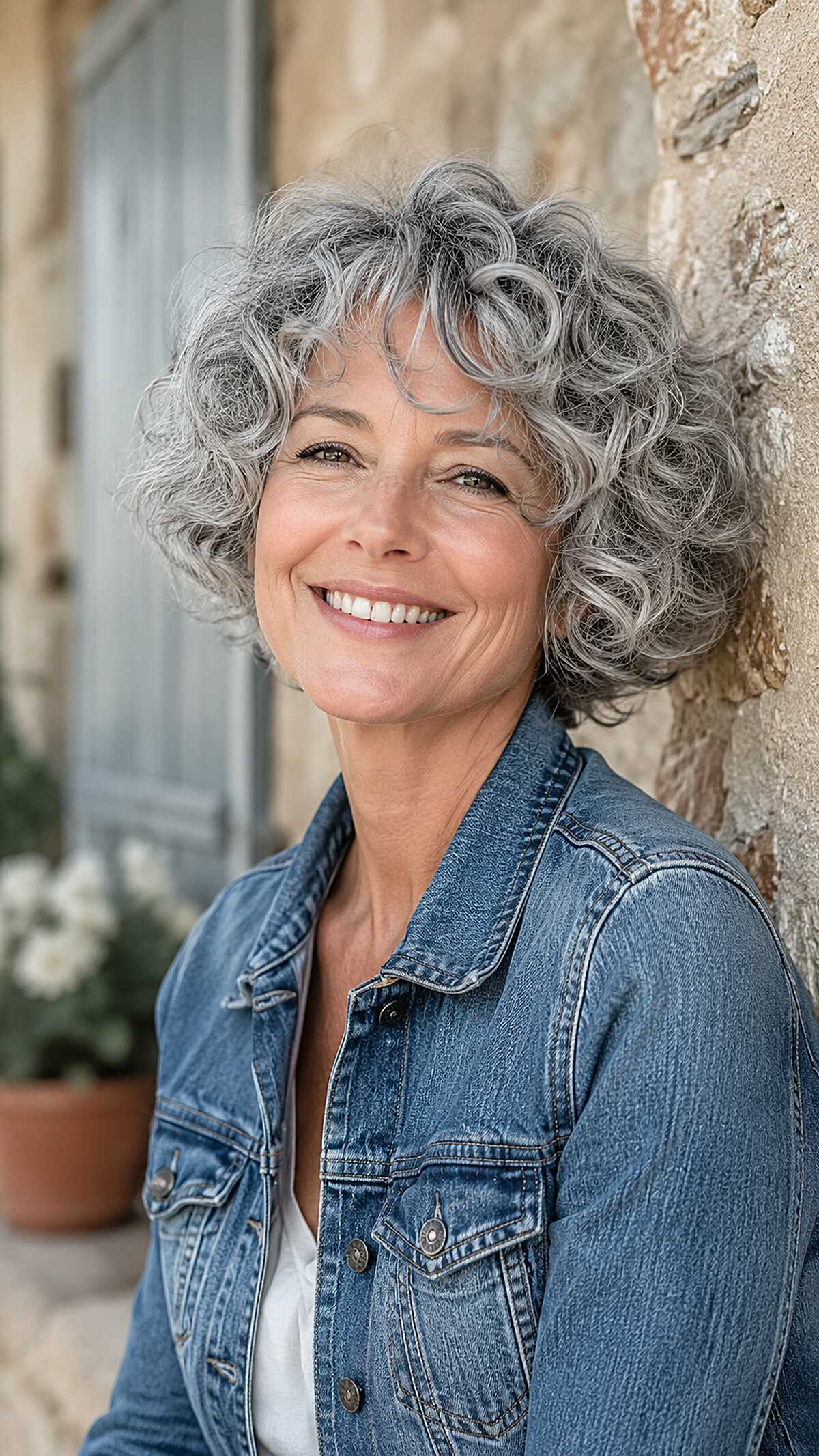 Relaxed bouncy gray curly bob with natural texture