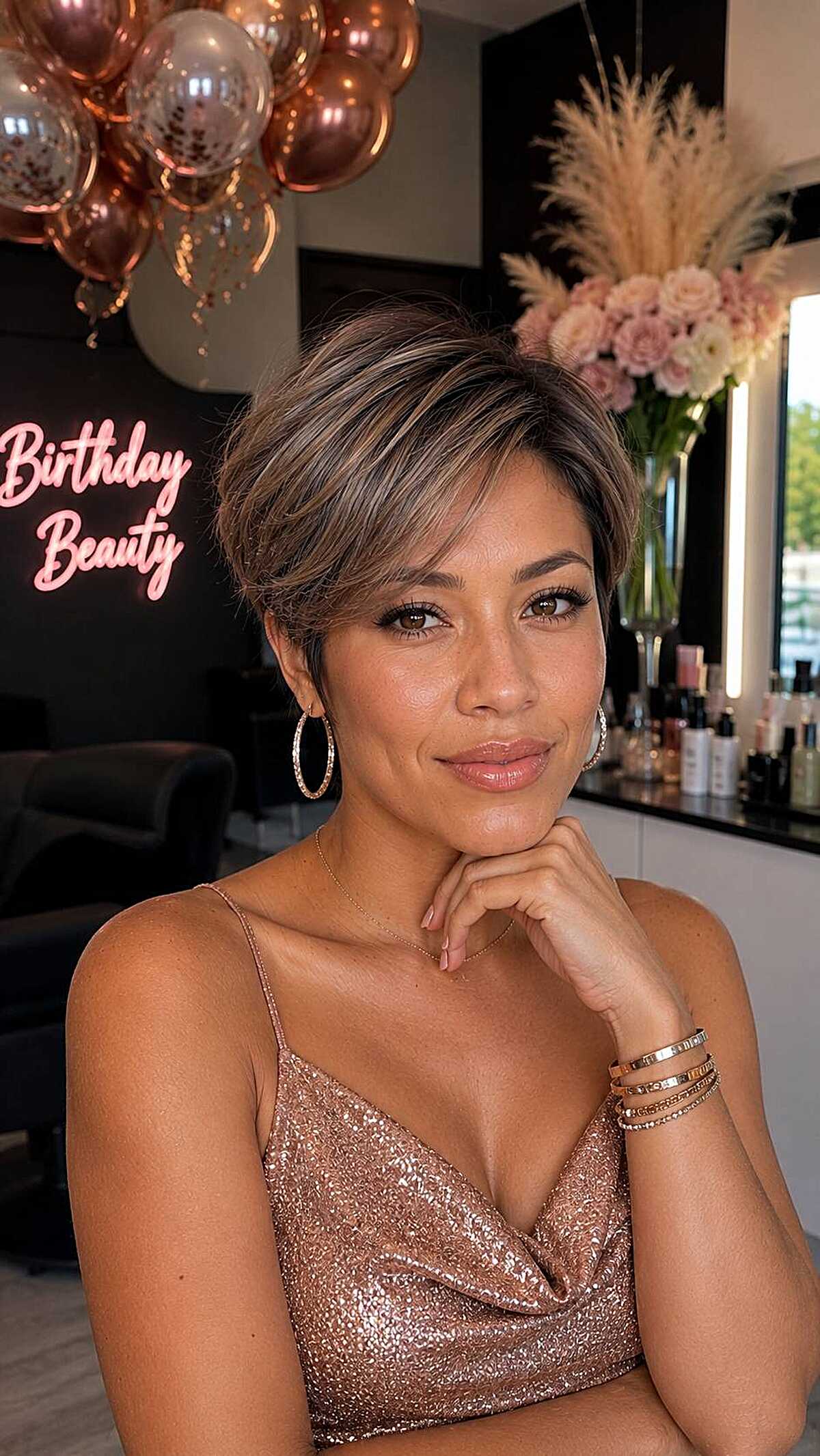 Short pixie cut with rose gold highlights at party