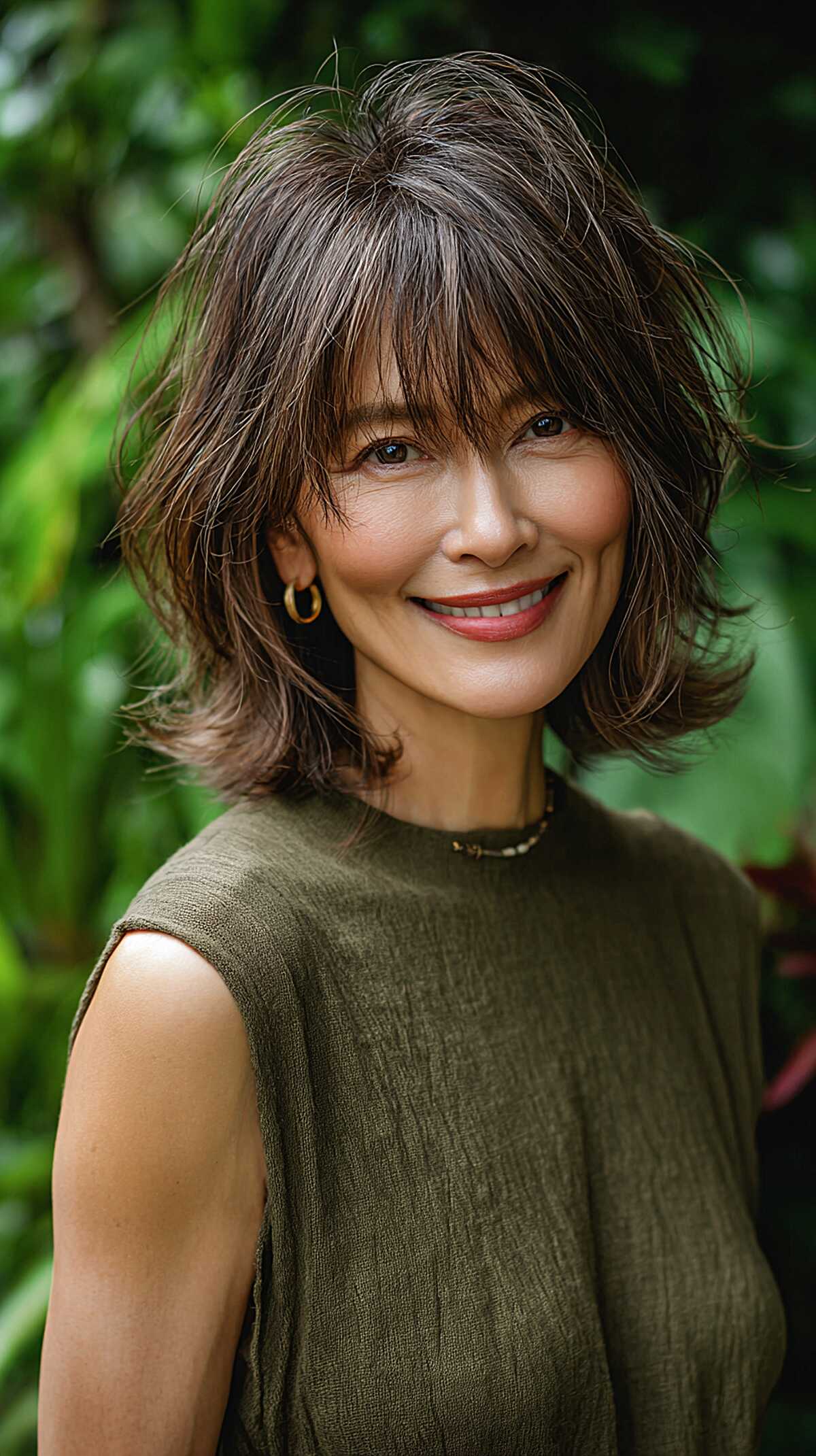 Salt-and-pepper layered shag bob with curtain bangs
