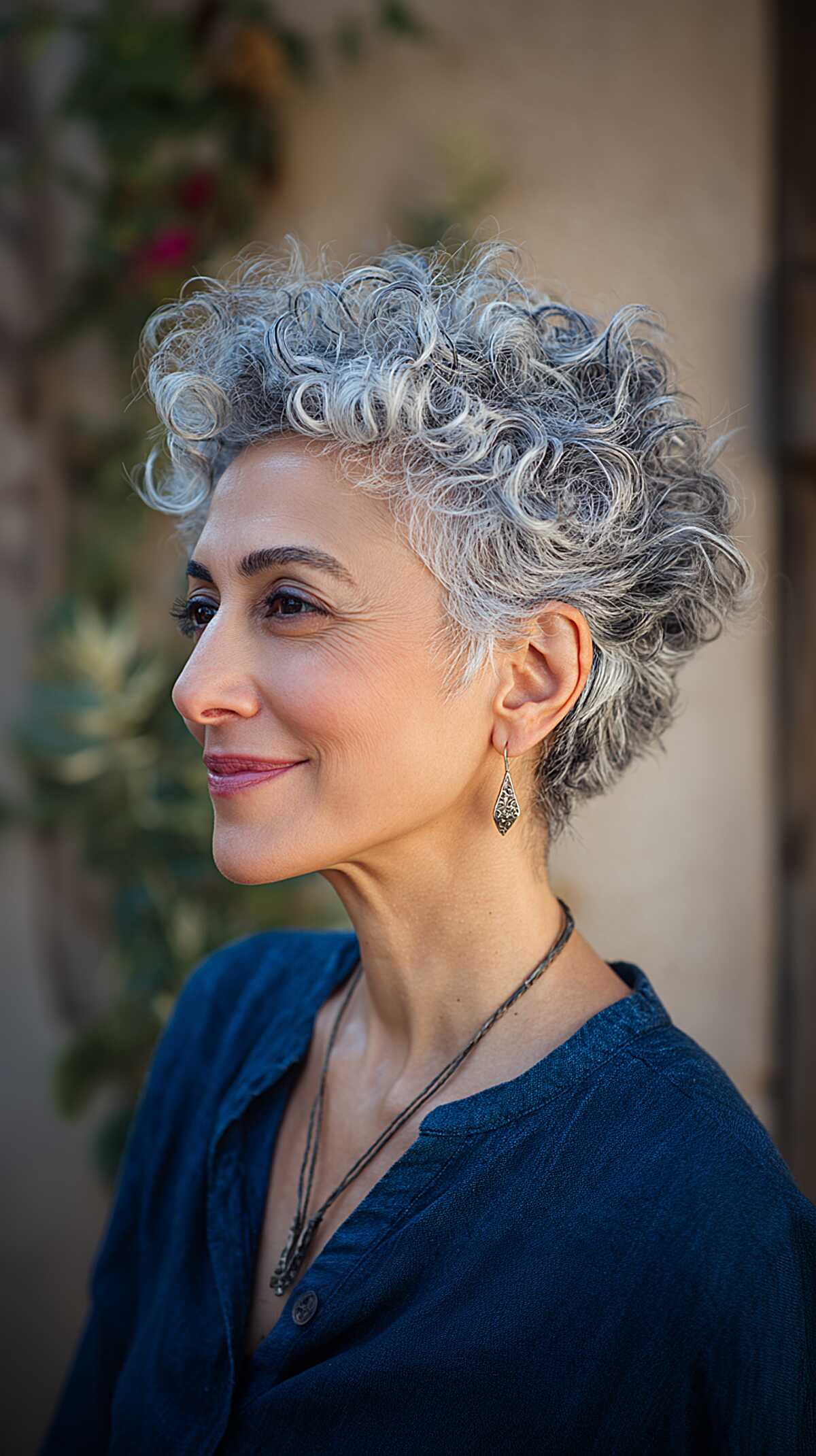 Sculpted gray curly faux hawk with tapered sides