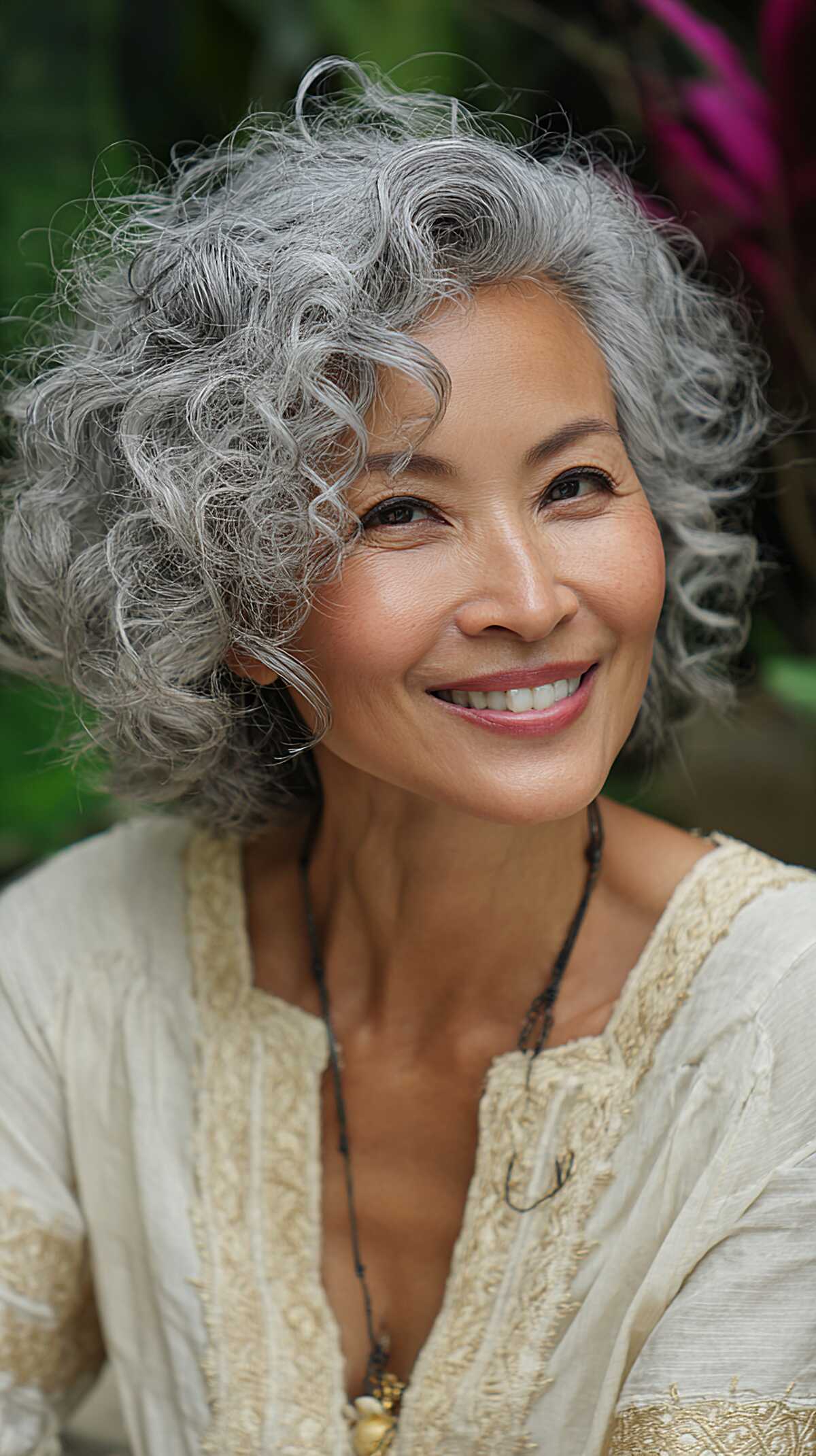 Side-swept curly gray bob with natural body and volume