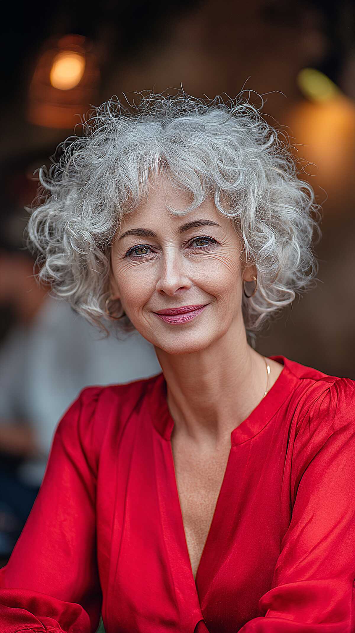 Silver white curly bob with soft wispy fringe