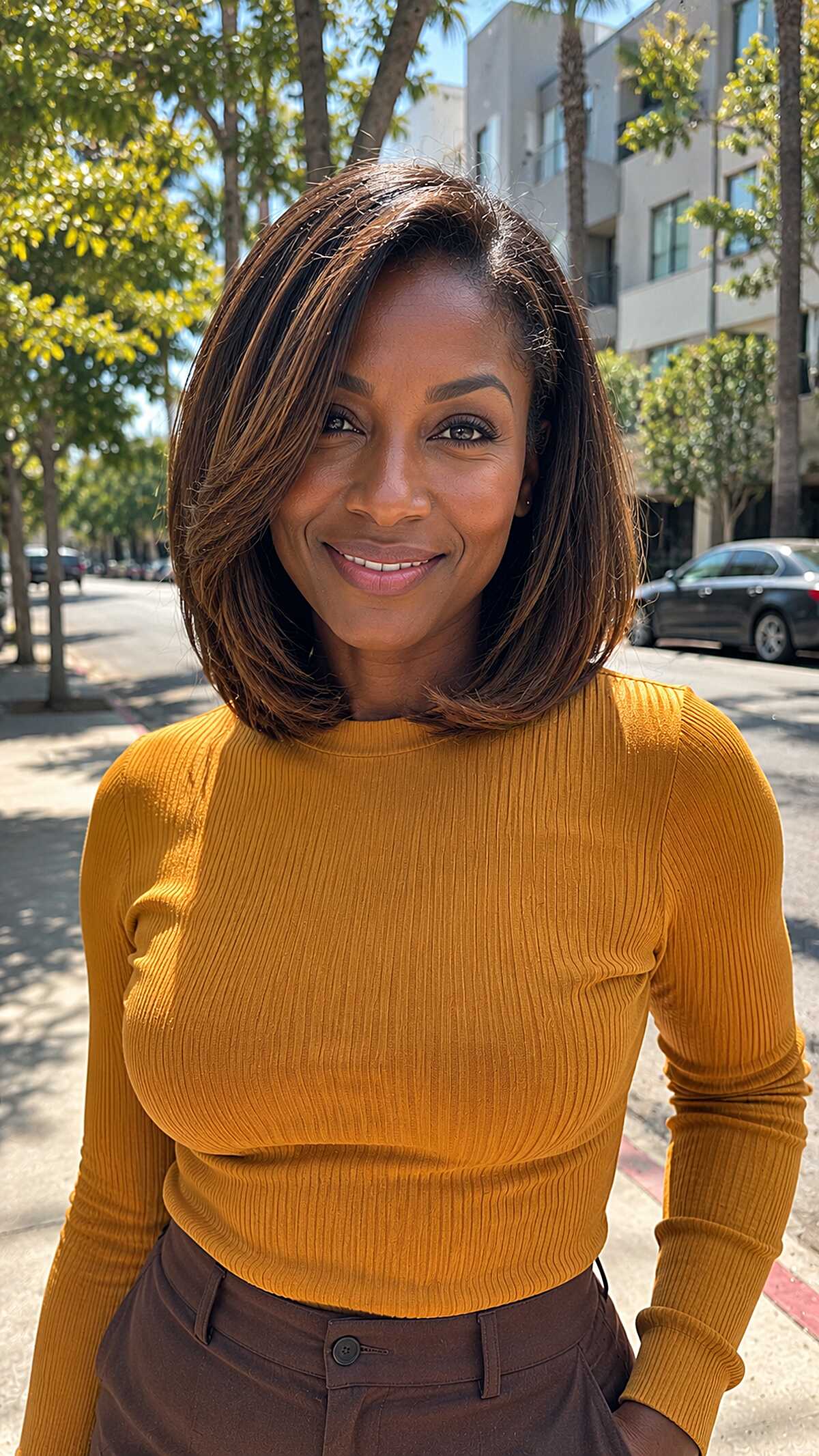 Sleek long bob with caramel glaze on dark hair