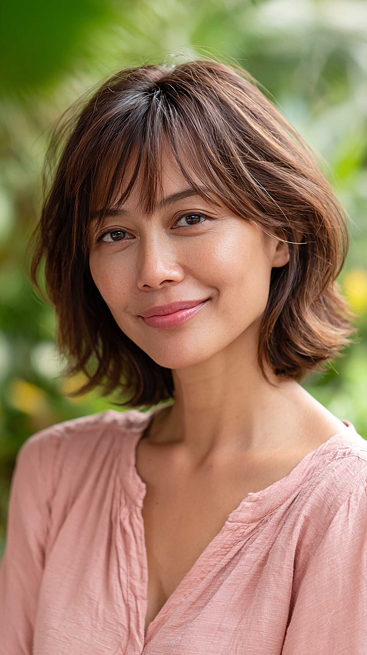 Soft brown chin-length shag bob with wispy bangs