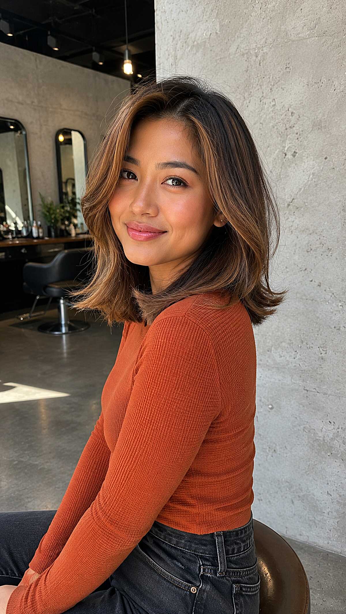 Shoulder-length bob with soft caramel tones and flicked ends