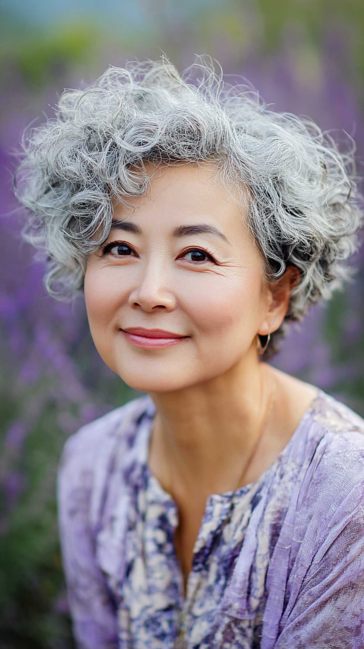 Short silver gray curly crop on woman with soft texture