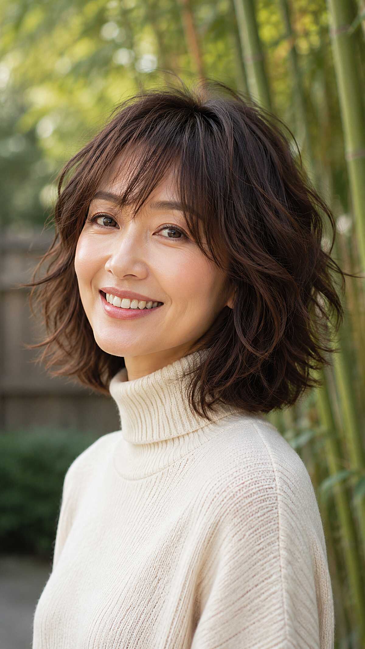 Soft wavy brunette shag bob with side-swept bangs