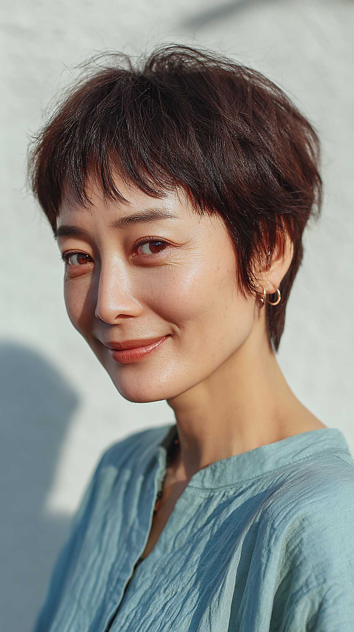 Short brunette textured crop with soft micro fringe