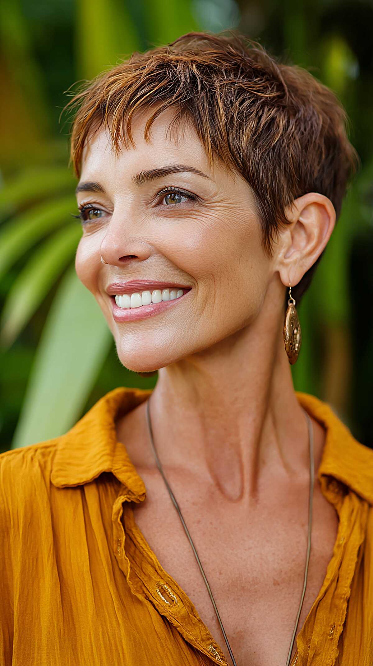 Short textured brunette pixie with warm golden highlights