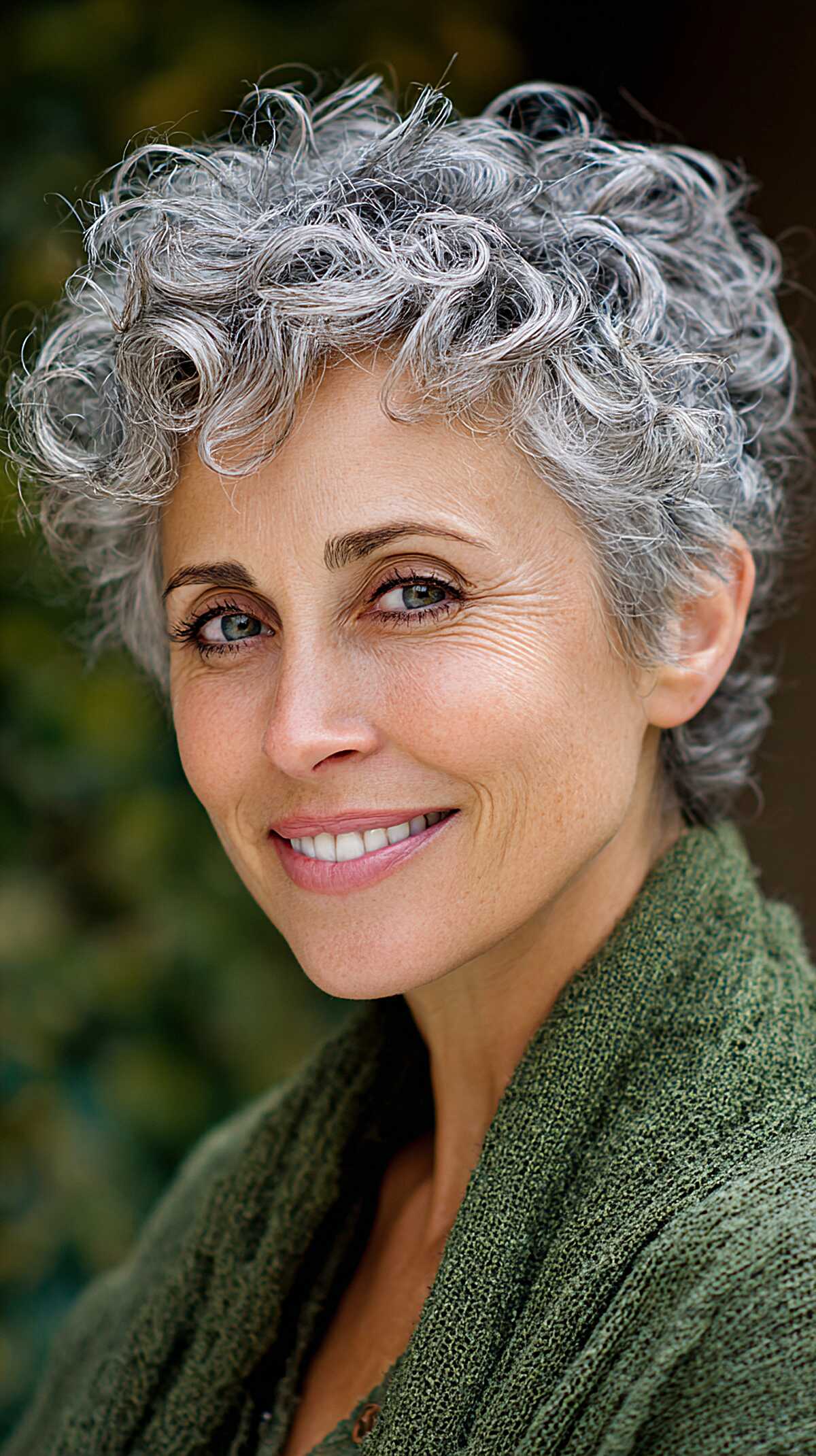 Tapered gray pixie with tight defined curly ringlets