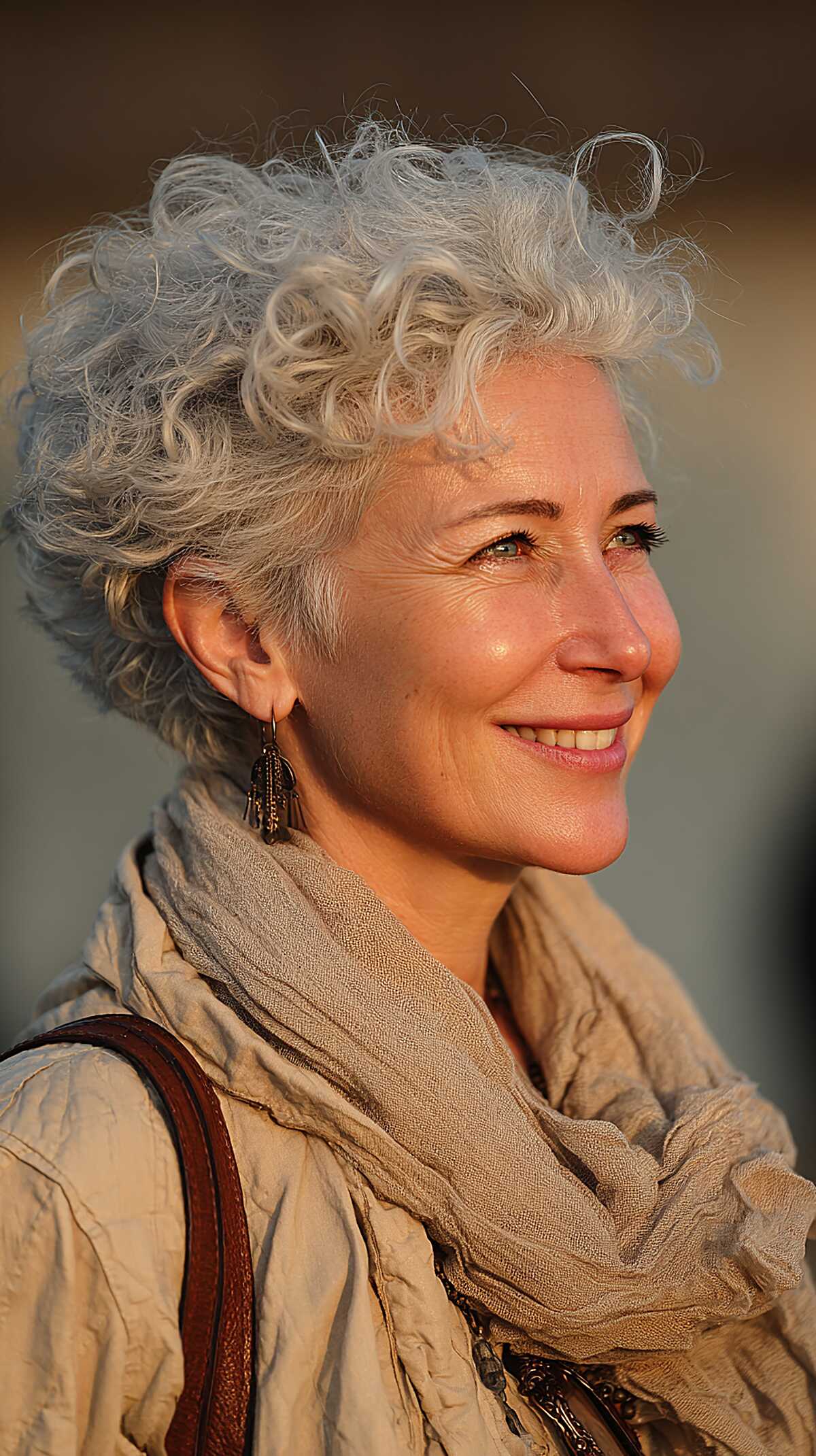 Textured silver curly pixie in warm golden light