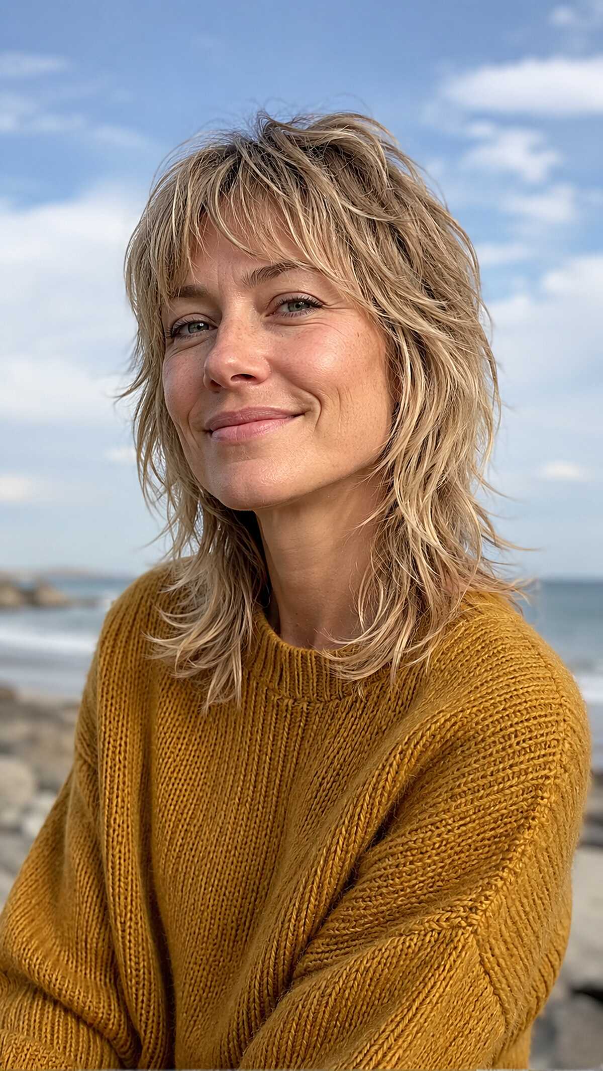 Tousled blonde shaggy mullet at the beach