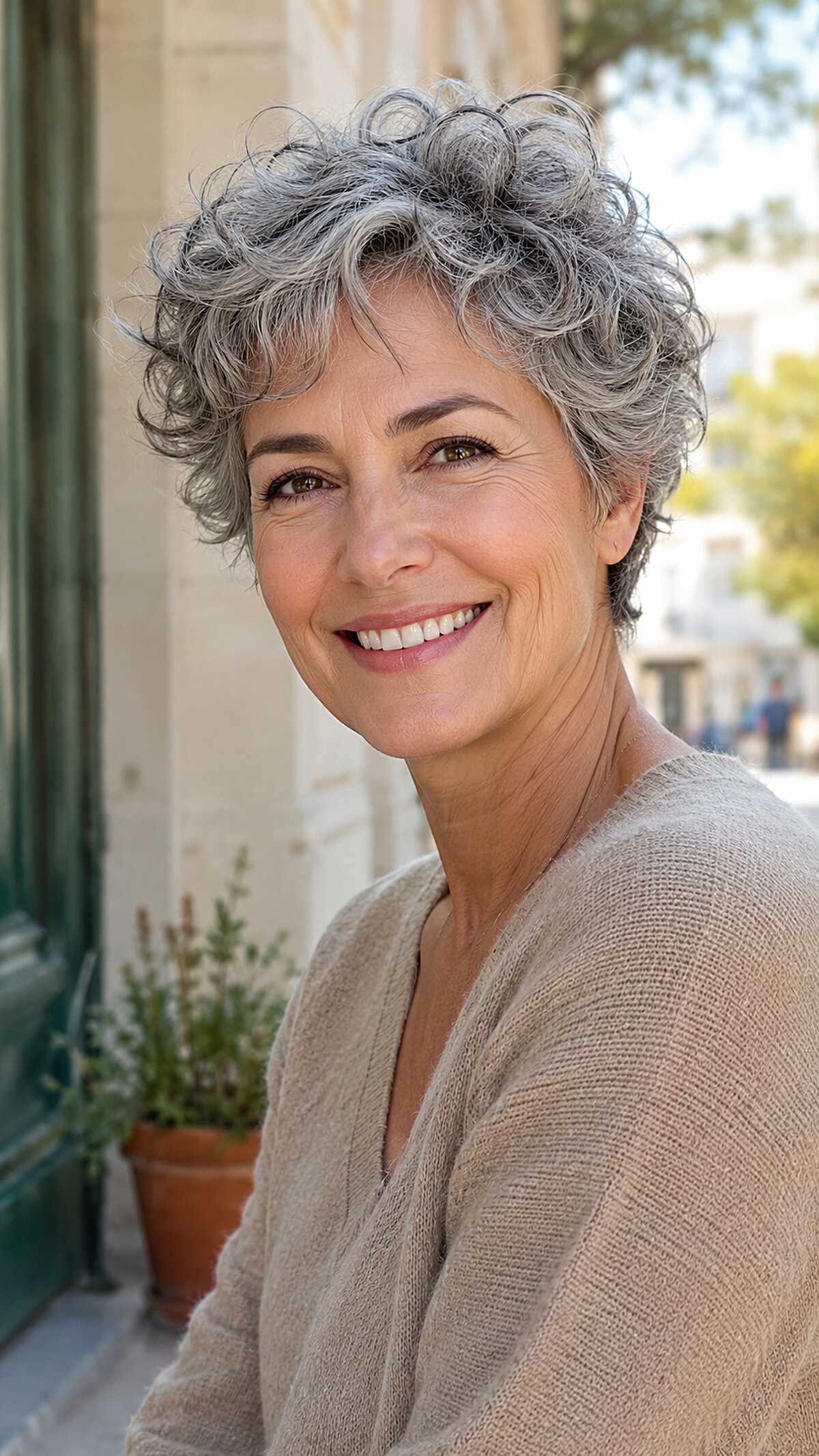 Tousled short gray curly pixie with dark roots on woman