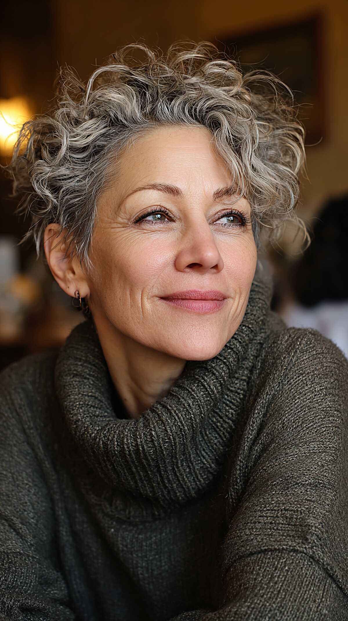 Tousled casual gray curly pixie with natural texture