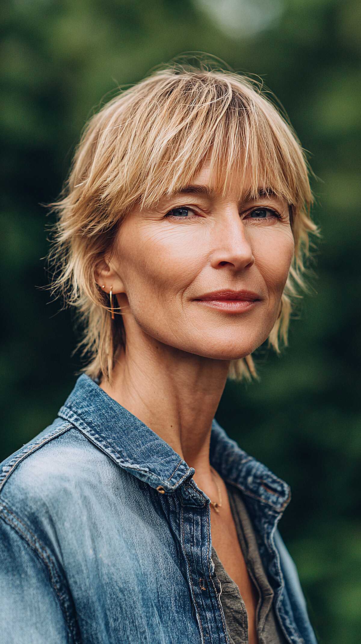 Tousled sandy blonde chin-length mixie with bangs