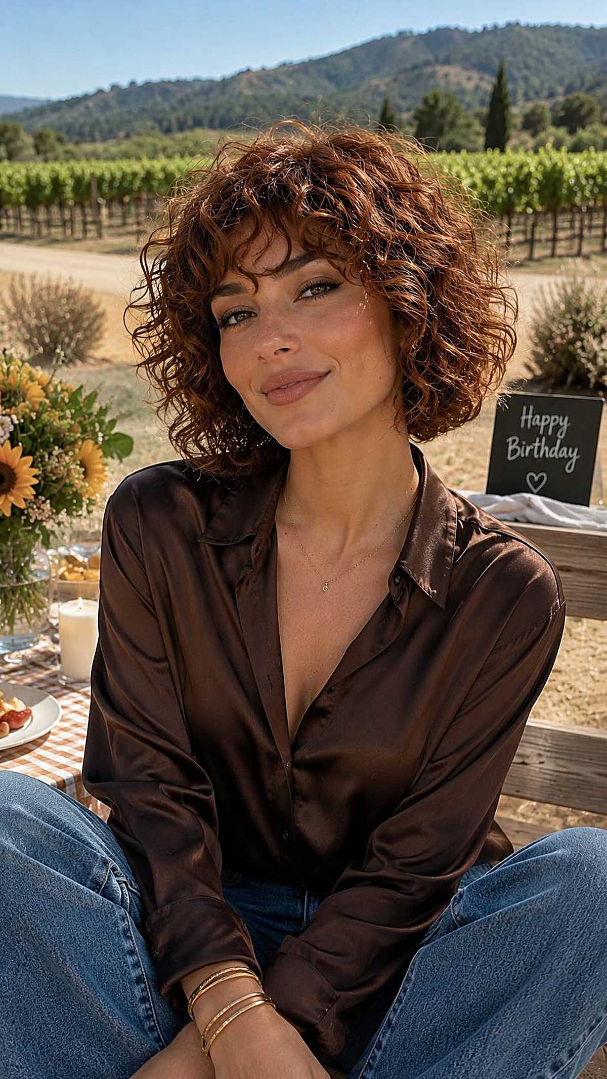 Short curly auburn bob with bangs at outdoor party