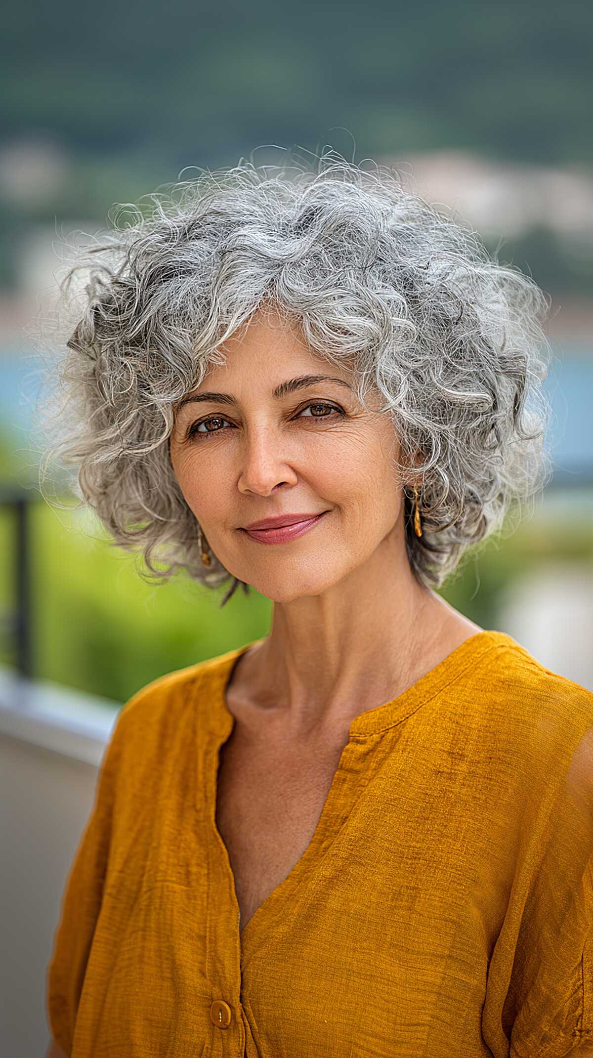 Voluminous rounded silver curly bob on woman over 50