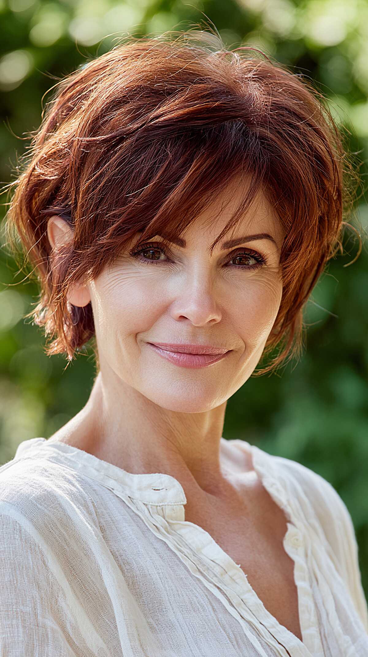 Warm auburn feathered mixie with soft layers and side bangs