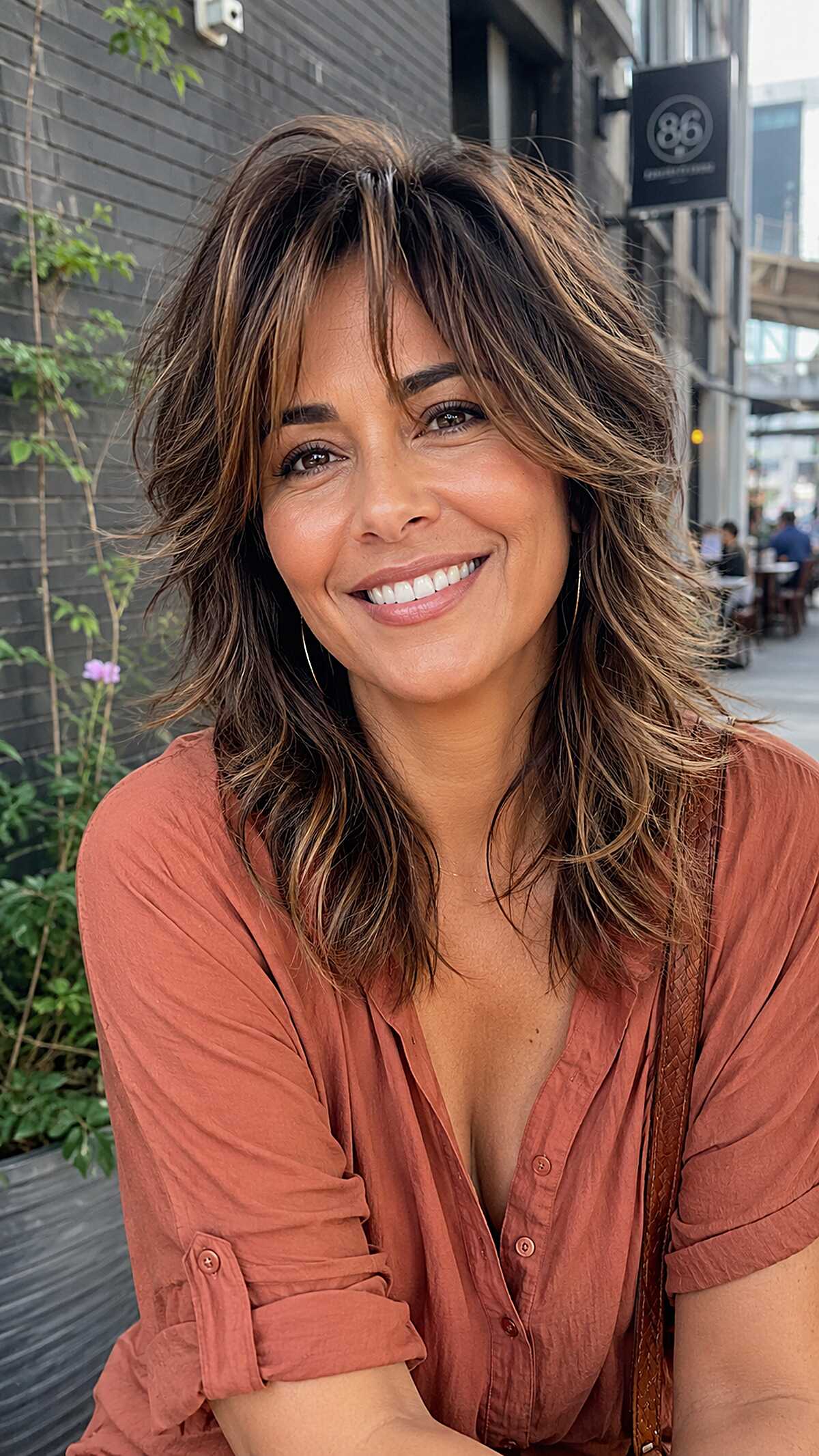 Wavy brunette mullet shag with caramel highlights