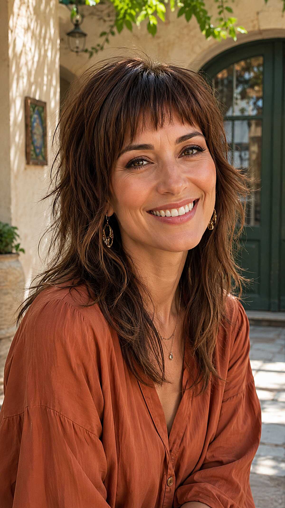 Warm brunette mullet with volume and curtain bangs