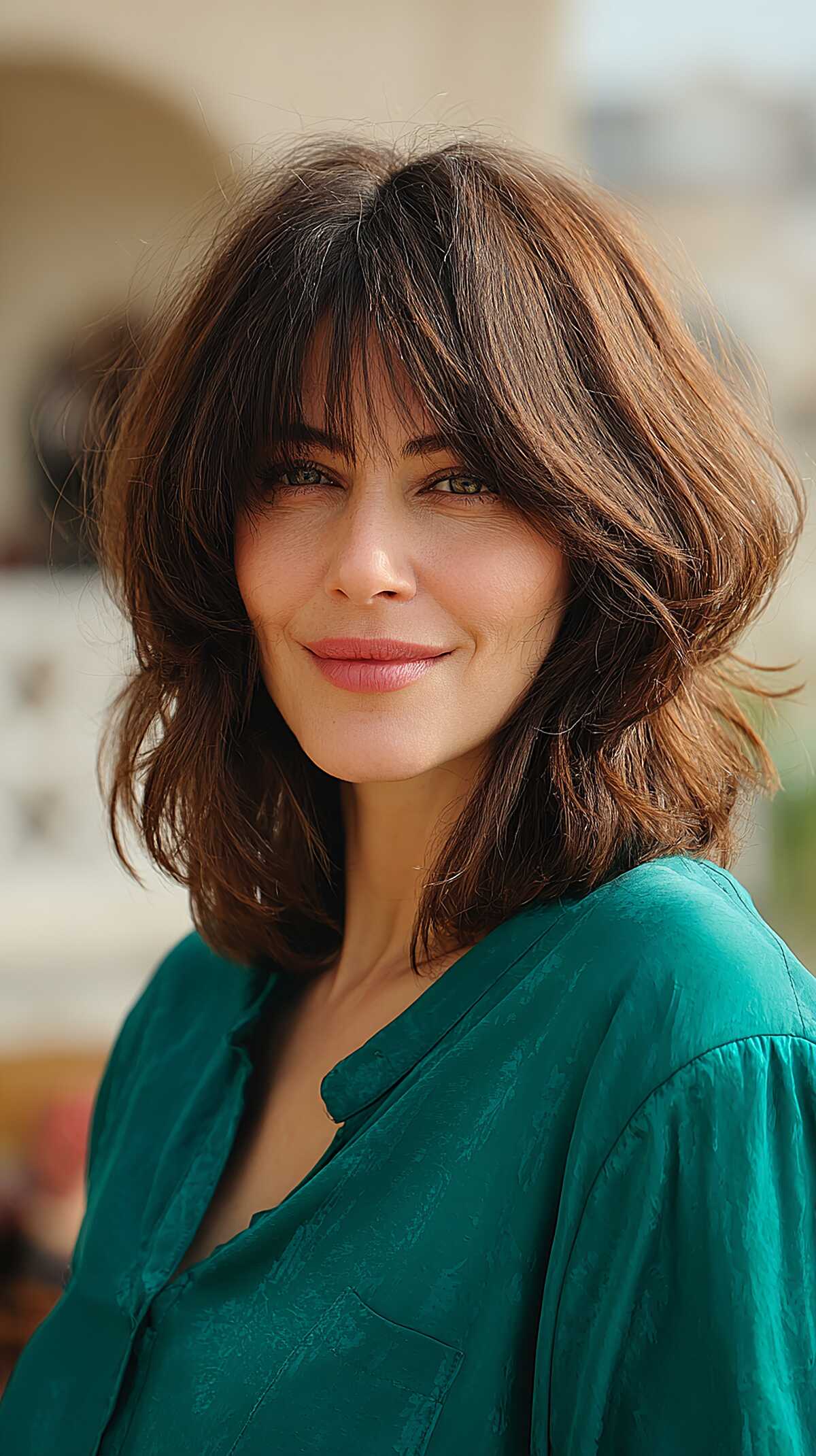 Warm brunette shag bob with face-framing layers