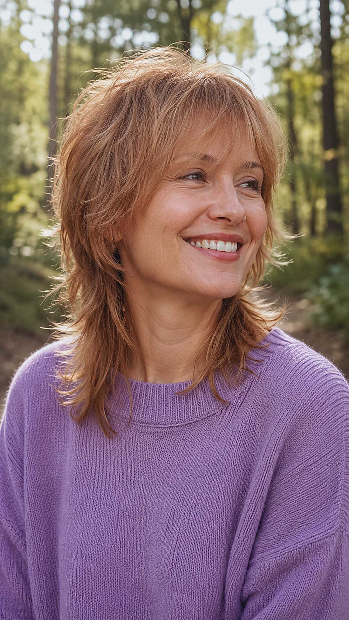 Warm copper layered shag mullet with soft bangs