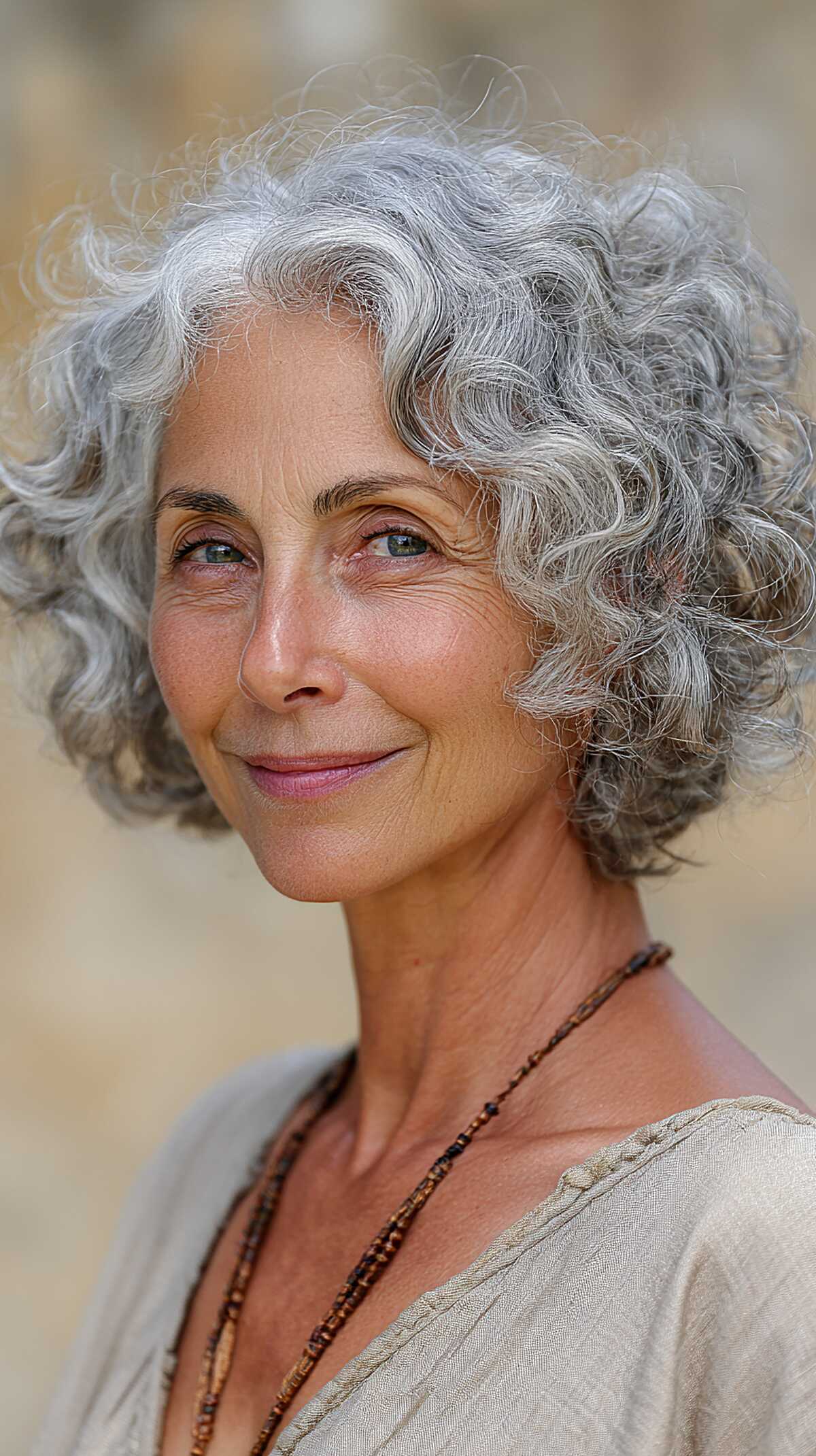 Wavy chin-length silver bob with loose natural curls