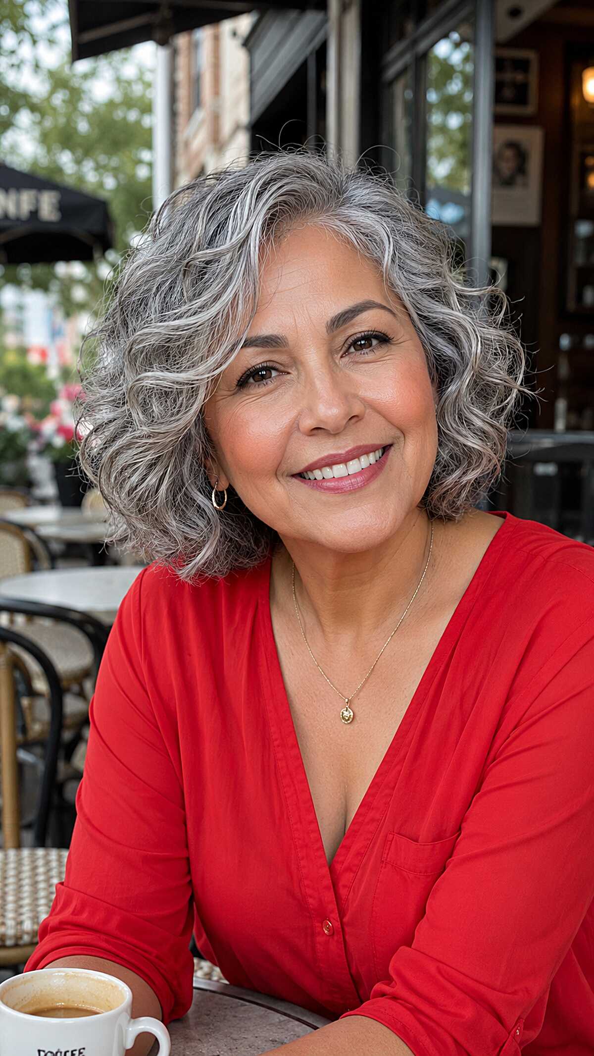 Wavy gray bob with side-swept layers at chin length