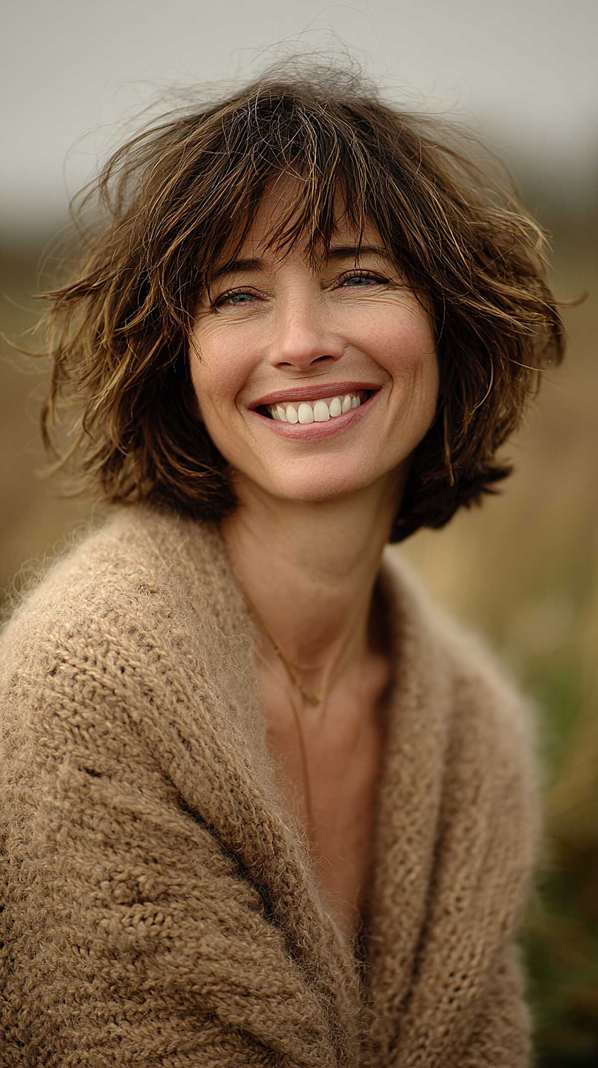 Wind-tousled brunette shag bob with texture