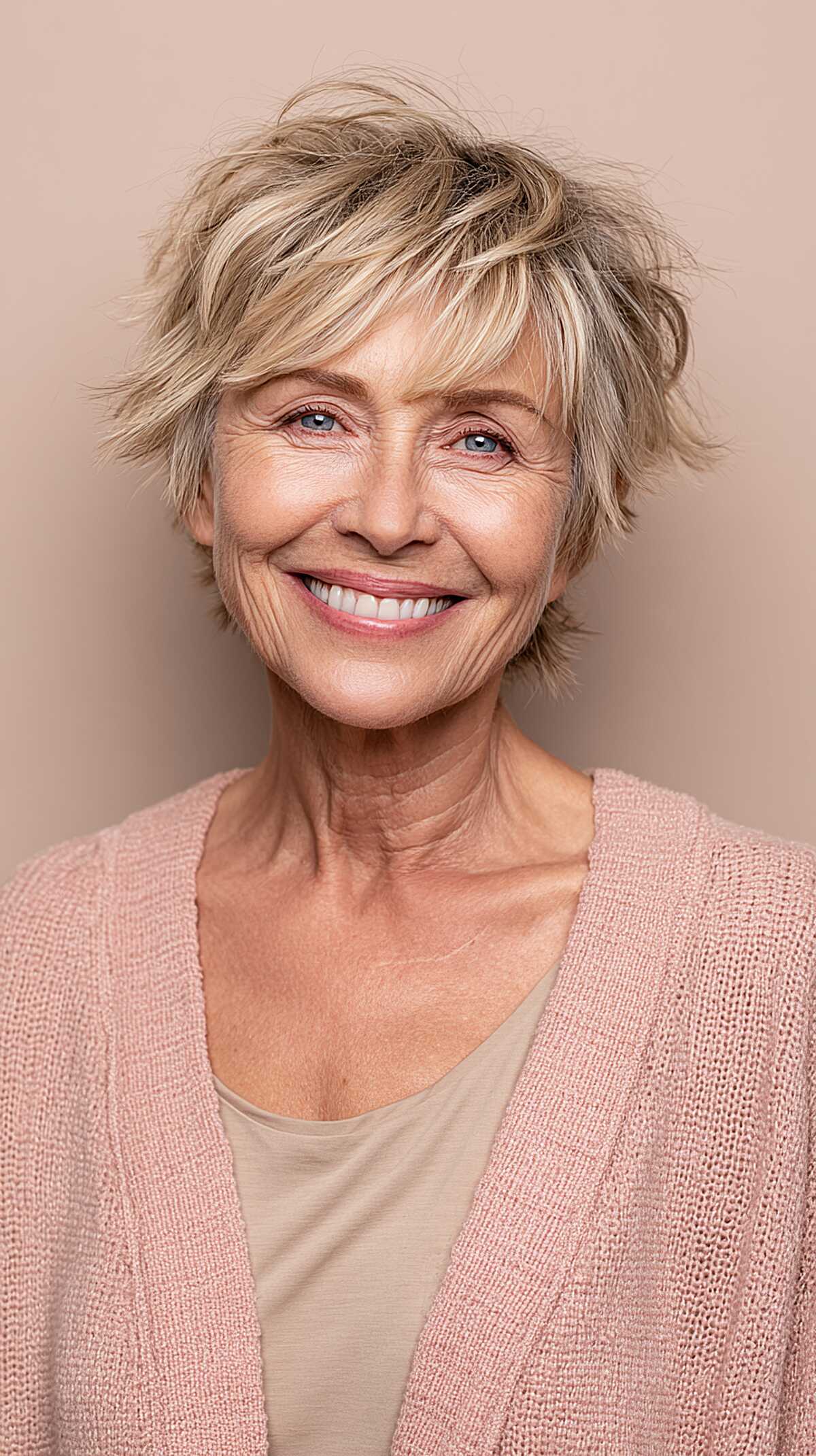 Windswept short blonde shag with dark roots