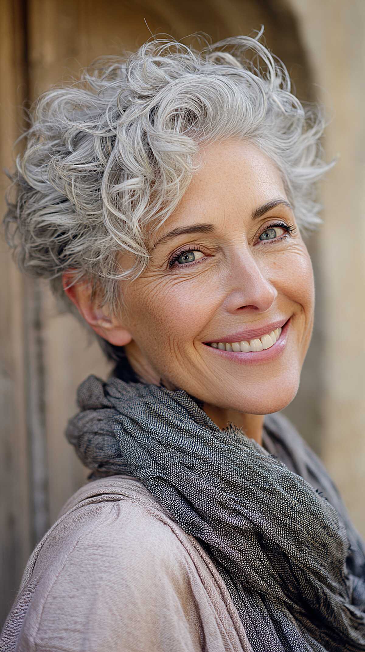 Windswept silver-white curly pixie with volume on top