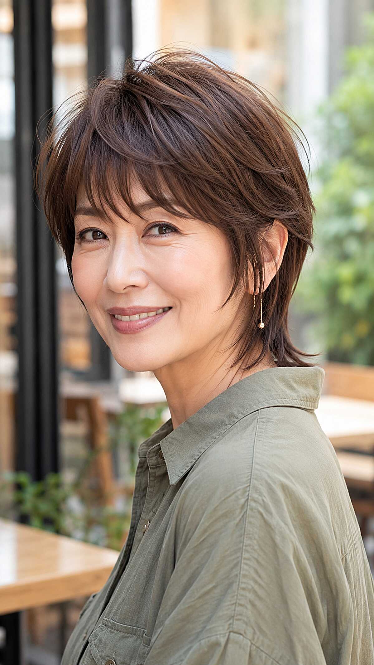Layered chocolate brown mixie with wispy nape-length ends