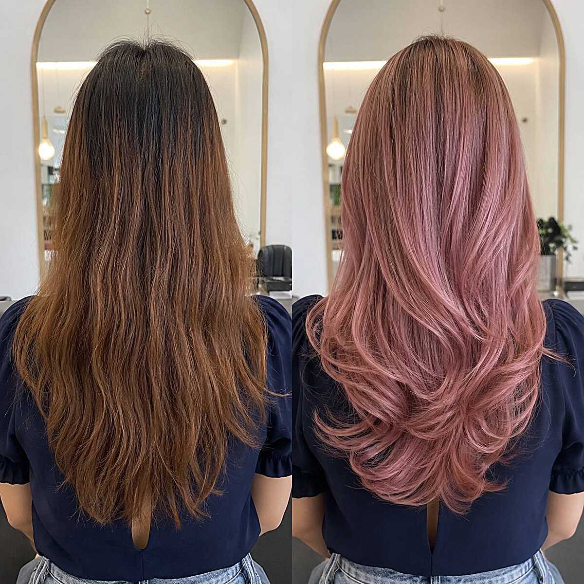 Before and after brunette to dusty rose pink blowout