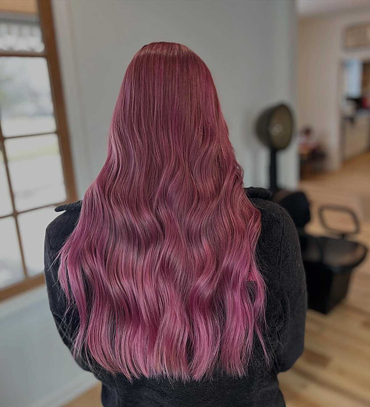 Long berry mauve color melt with soft waves