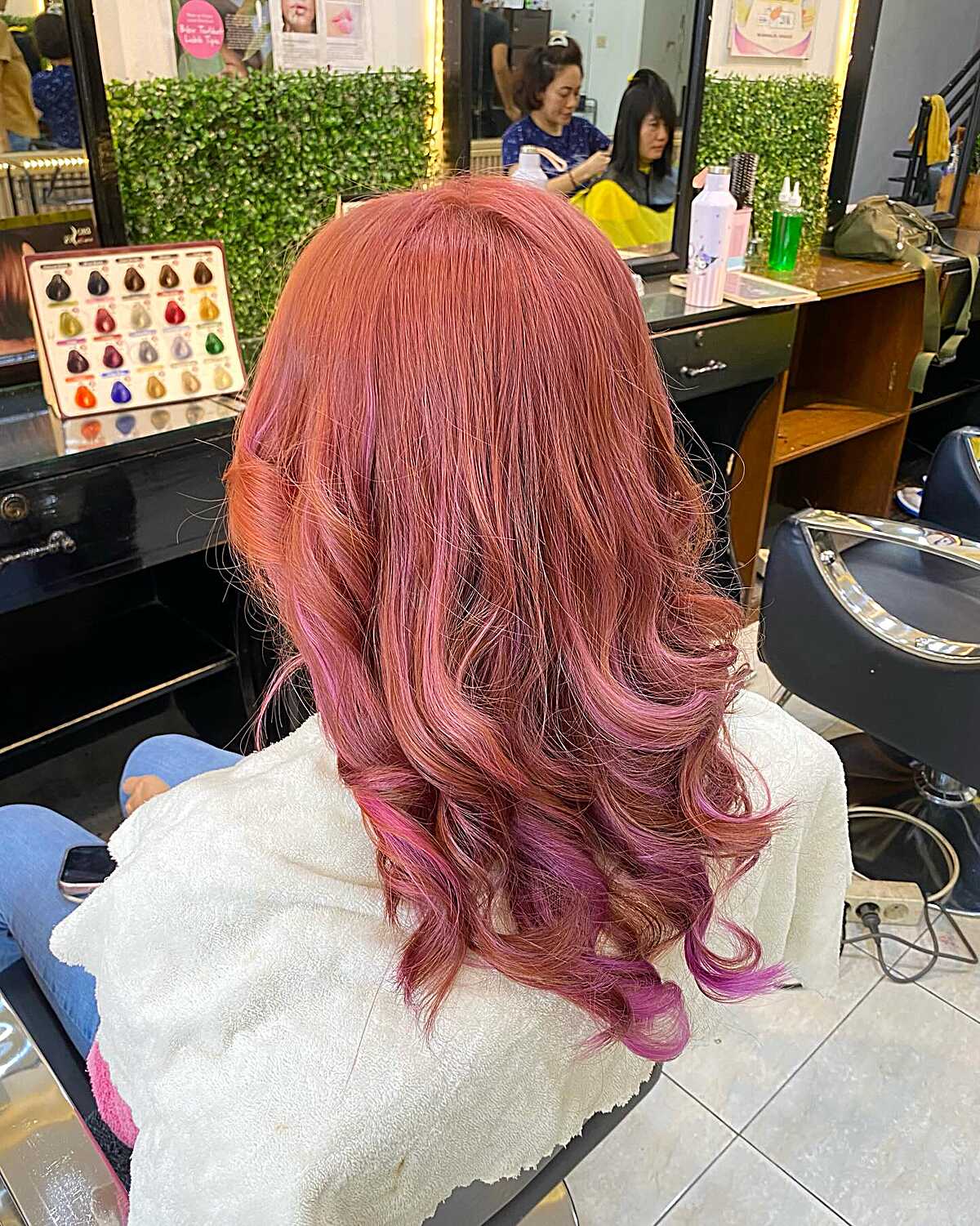 Long copper rose hair with bright fuchsia tips