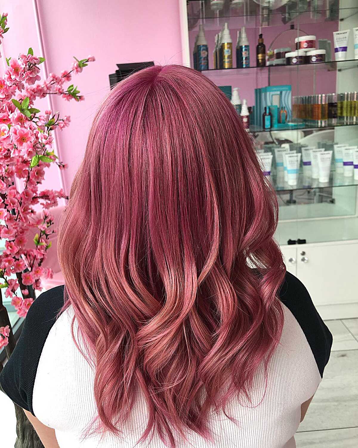 Medium mulled wine rose pink hair with soft waves