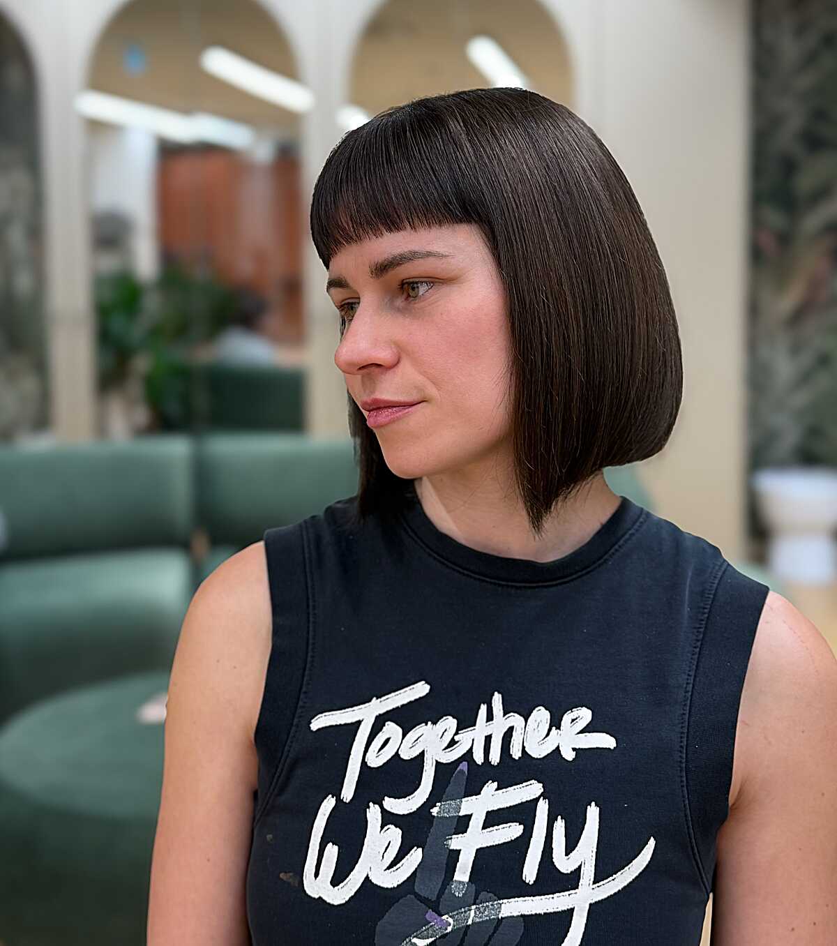 Blunt brown bob with short straight micro bangs