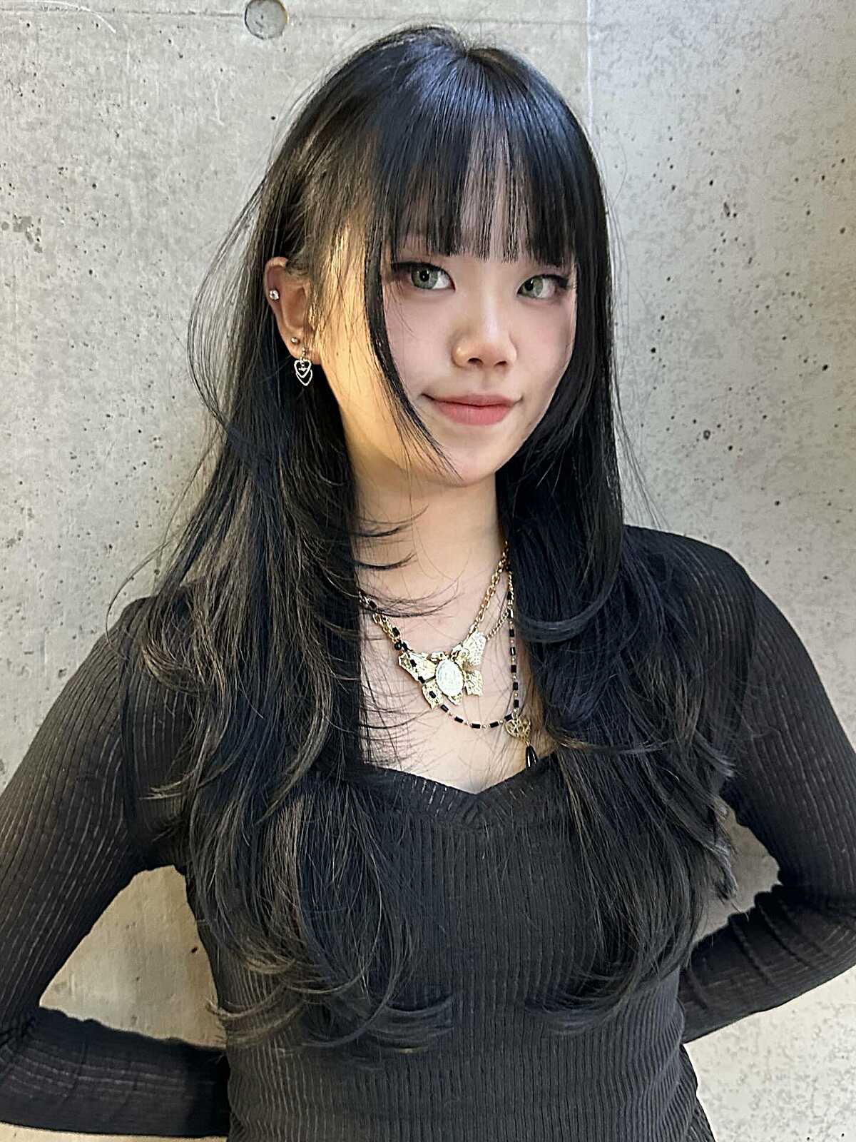 Black hair with hime-cut inspired bangs and long layers