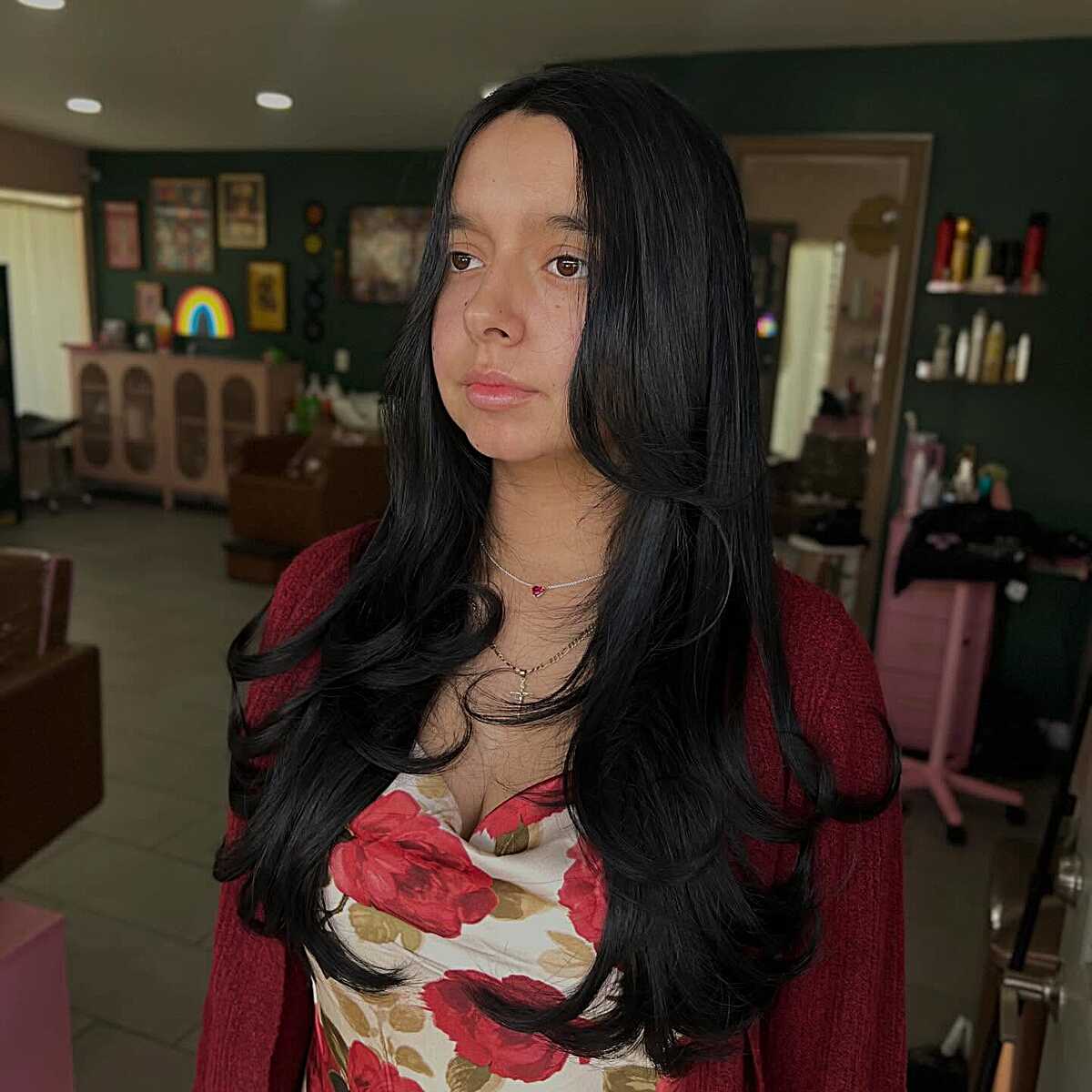 Long black hair with loose romantic waves and layers
