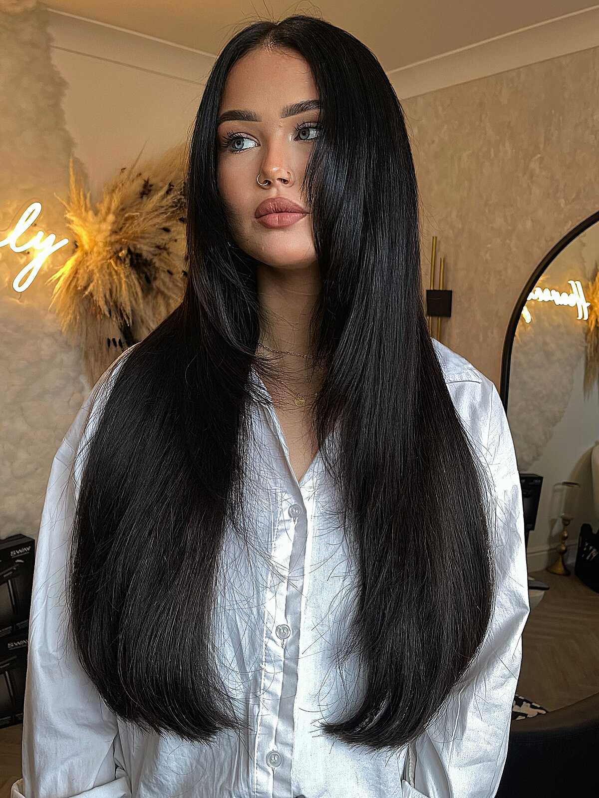 Ultra long pin straight black hair with face framing