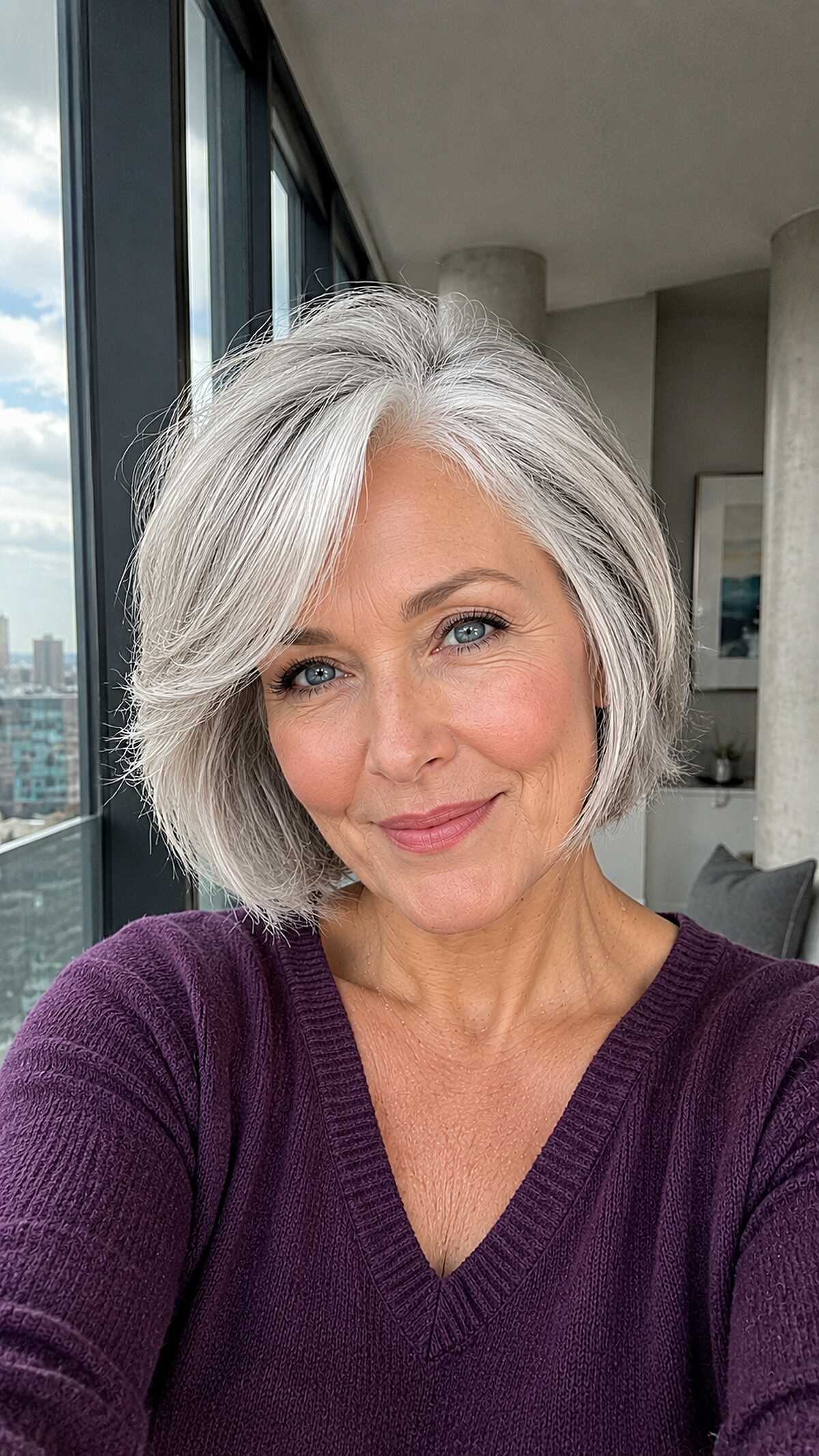 Silver Jaw-Length Bob with Sweeping Side Fringe and Feathered Ends